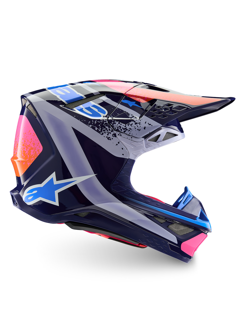 Casco Alpinestars Limited Edition Supertech M10 Records, casco da motocross, multicolore lucido, con base blu navy e grafiche Records in rosa vibrante, arancione e azzurro, vista laterale che mostra la calotta aerodinamica, la visiera e le prese d'aria