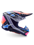 Casco Alpinestars Limited Edition Supertech M10 Records, casco da motocross, multicolore lucido, con base blu navy e grafiche Records in rosa vibrante, arancione e azzurro, vista laterale che mostra la calotta aerodinamica, la visiera e le prese d'aria