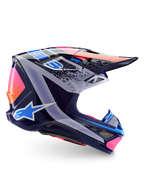Casco Alpinestars Limited Edition Supertech M10 Records, casco da motocross, multicolore lucido, con base blu navy e grafiche Records in rosa vibrante, arancione e azzurro, vista laterale che mostra la calotta aerodinamica, la visiera e le prese d'aria