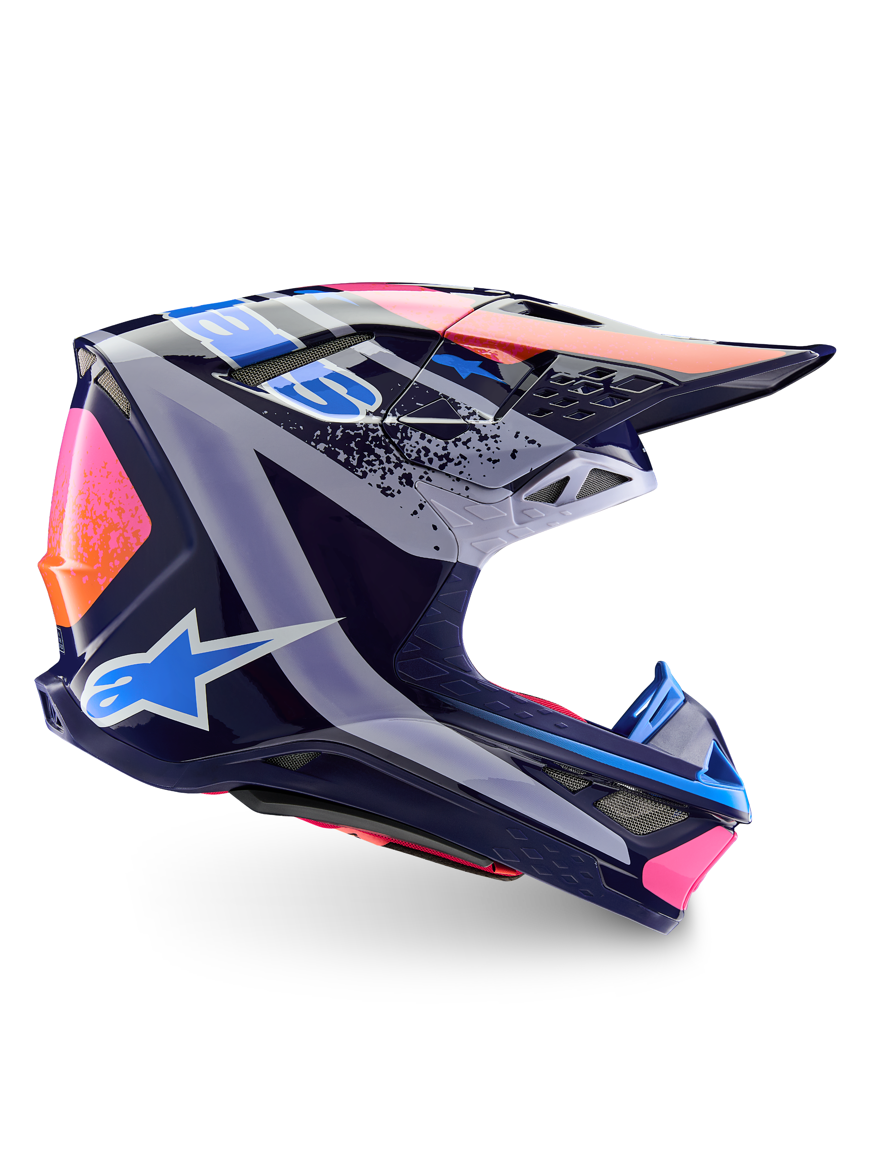 Casco Alpinestars Limited Edition Supertech M10 Records, casco da motocross, multicolore lucido, con base blu navy e grafiche Records in rosa vibrante, arancione e azzurro, vista laterale che mostra la calotta aerodinamica, la visiera e le prese d'aria