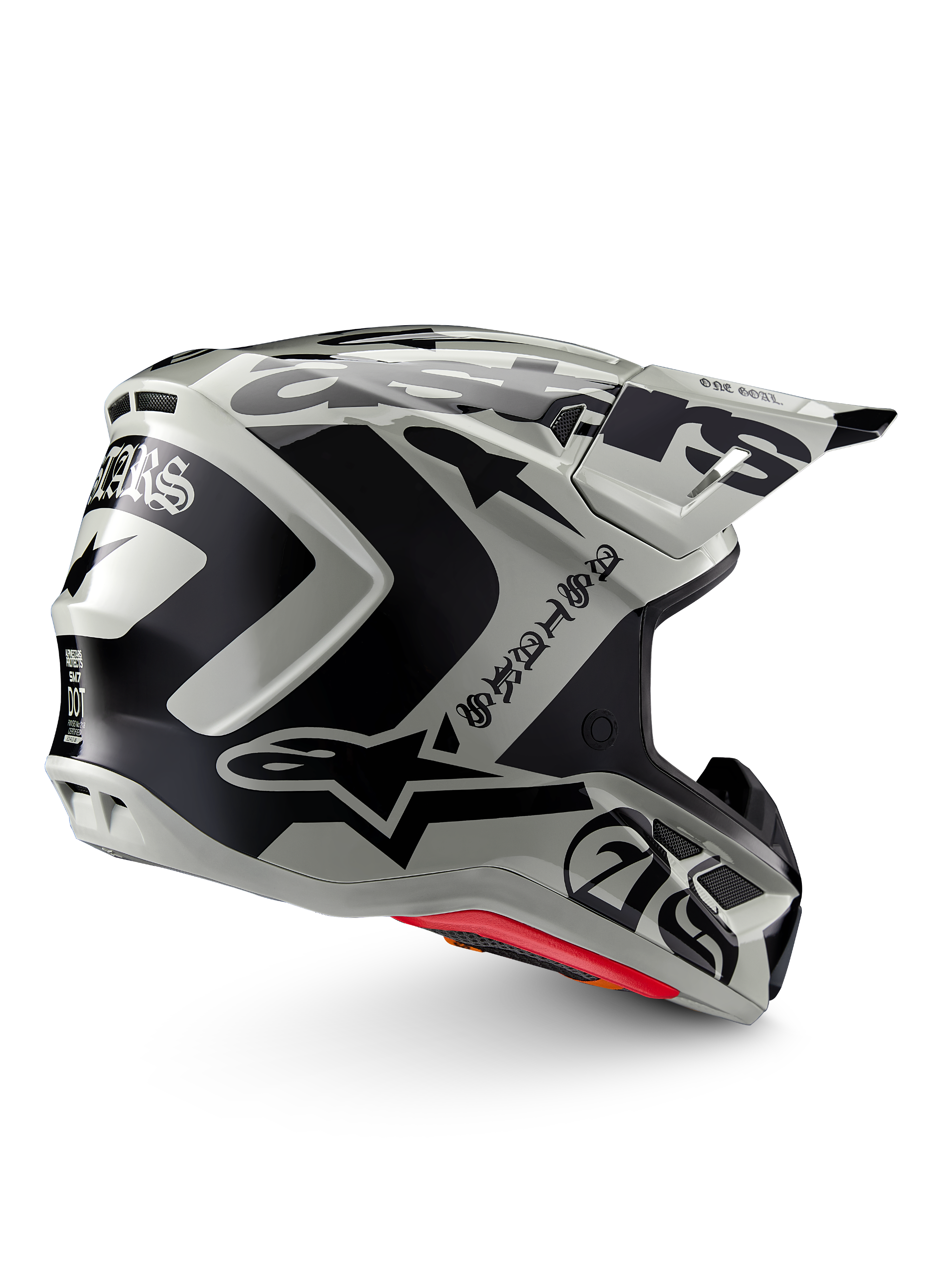 Casco Alpinestars S-M7 Wolf Dust Edizione Limitata, casco da motocross, Dune Black Glossy, calotta grigio chiaro con grafiche Alpinestars nere audaci e scritte in stile gotico, design aerodinamico con diverse prese d'aria, imbottitura interna rossa, protezione per la testa off-road ad alte prestazioni
