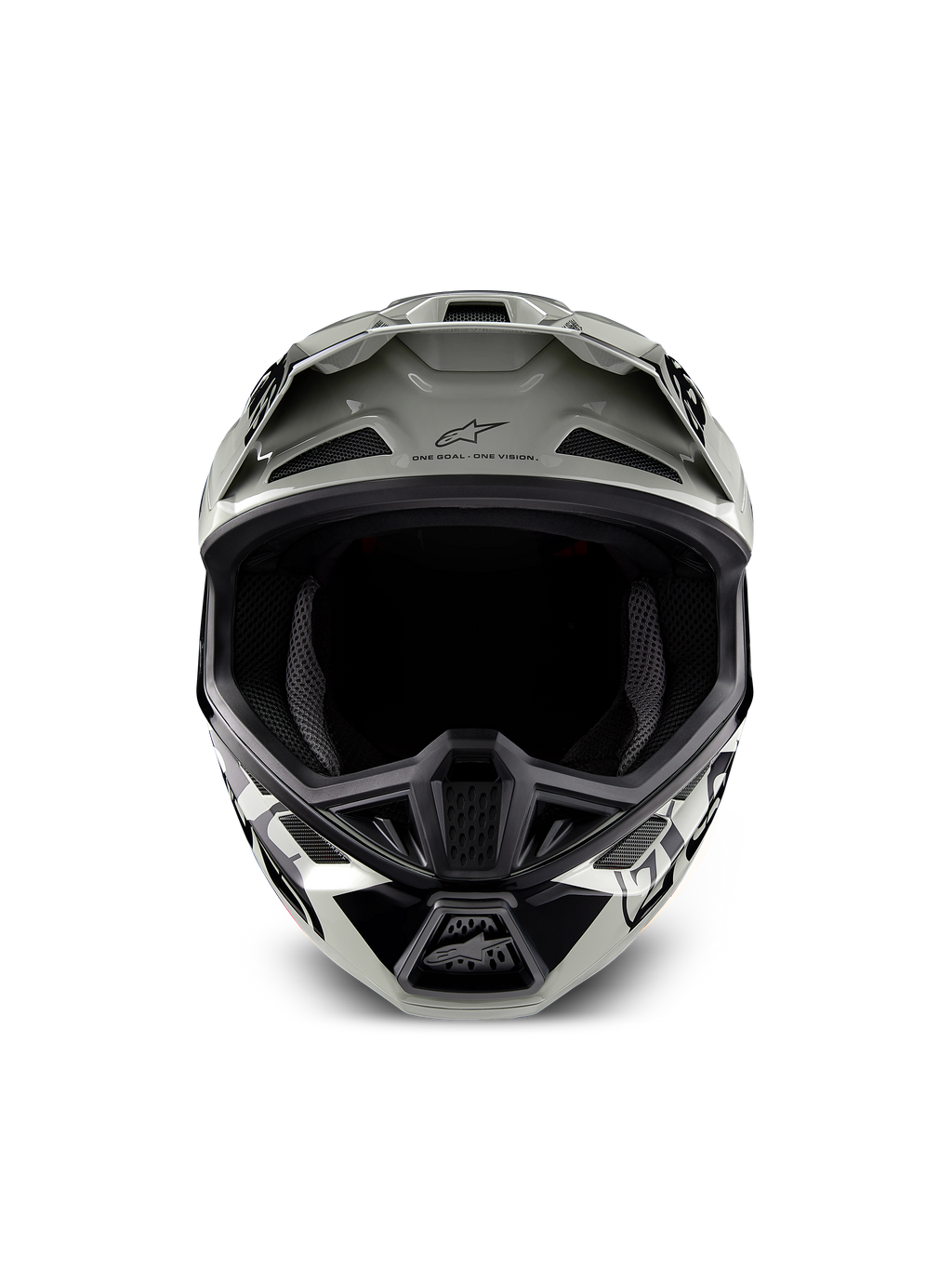 Casco Alpinestars S-M7 Wolf Dust Edizione Limitata, casco da motocross, Dune Black Glossy con grafiche bianche e nere, vista frontale con ampia apertura per la maschera e prese d'aria multiple, visiera aerodinamica con logo Alpinestars e scritta 'One Goal One Vision', protezione specialistica per la testa per il fuoristrada