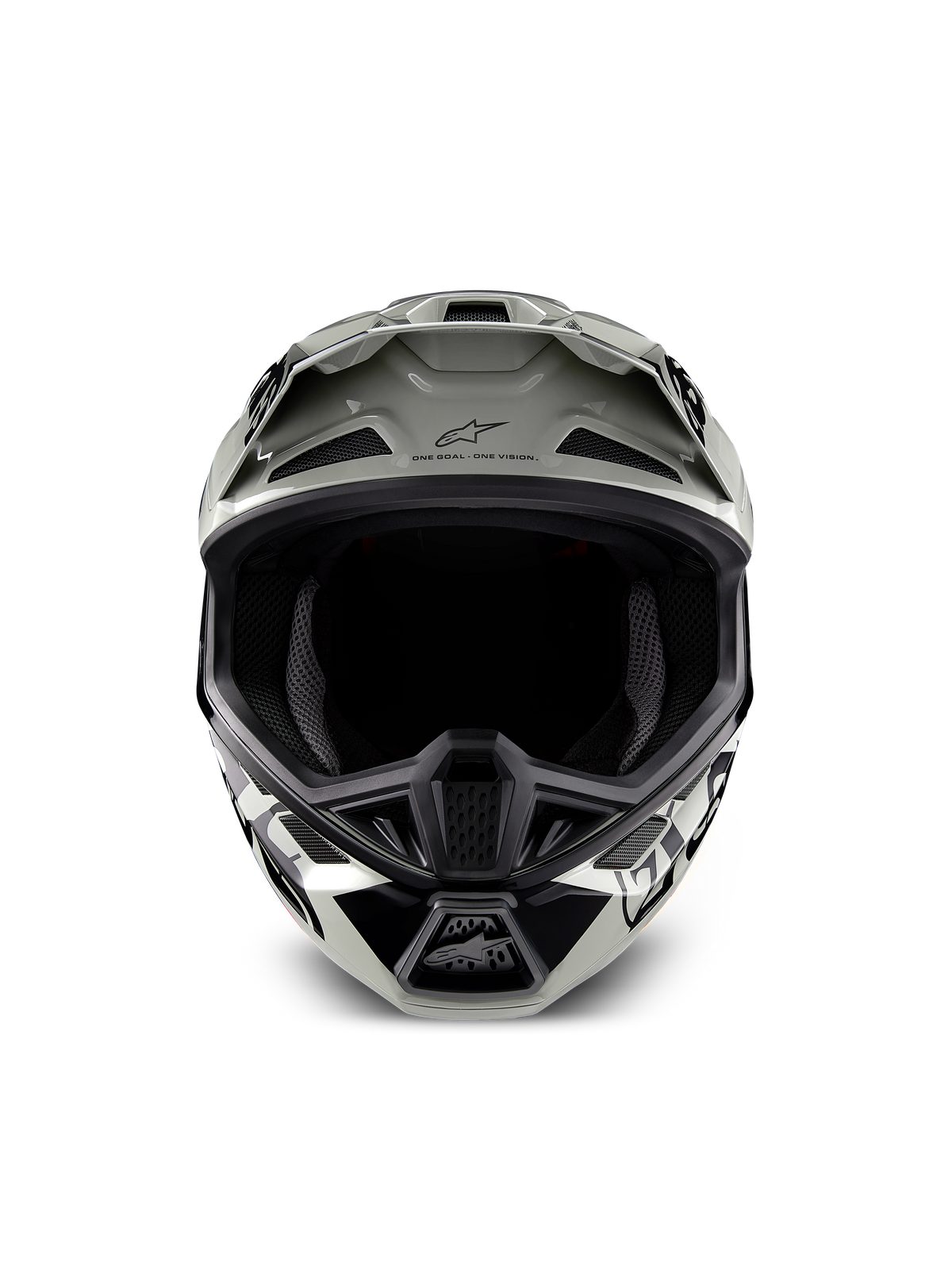 Casco Alpinestars S-M7 Wolf Dust Edizione Limitata, casco da motocross, Dune Black Glossy con grafiche bianche e nere, vista frontale con ampia apertura per la maschera e prese d'aria multiple, visiera aerodinamica con logo Alpinestars e scritta 'One Goal One Vision', protezione specialistica per la testa per il fuoristrada