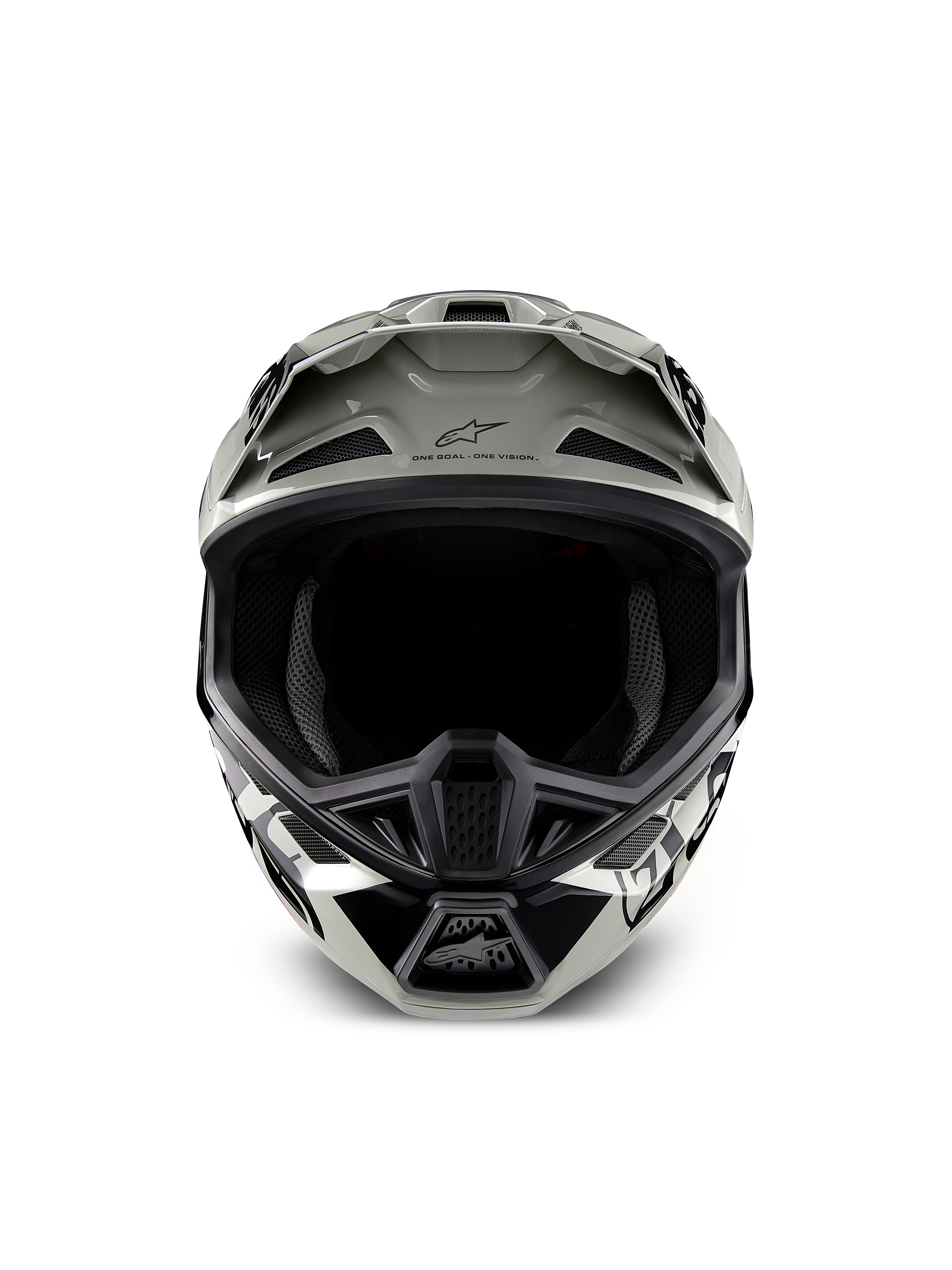Casco Alpinestars S-M7 Wolf Dust Edizione Limitata, casco da motocross, Dune Black Glossy con grafiche bianche e nere, vista frontale con ampia apertura per la maschera e prese d'aria multiple, visiera aerodinamica con logo Alpinestars e scritta 'One Goal One Vision', protezione specialistica per la testa per il fuoristrada