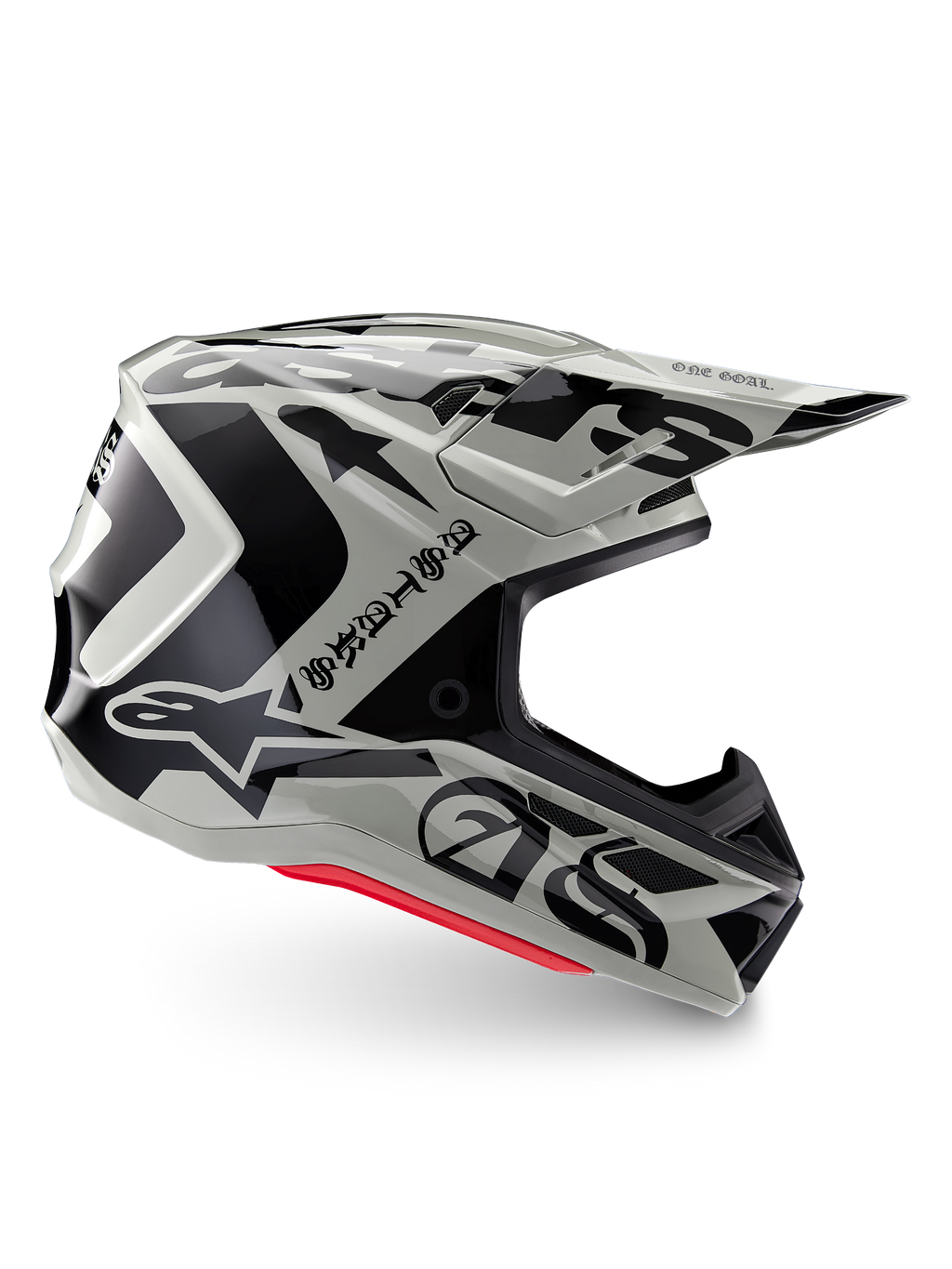 Casco Alpinestars S-M7 Wolf Dust Edizione Limitata, casco da motocross Dune Black Glossy, profilo laterale con grafiche nere audaci e branding, accenti rossi sulla base, protezione aerodinamica per la testa off-road
