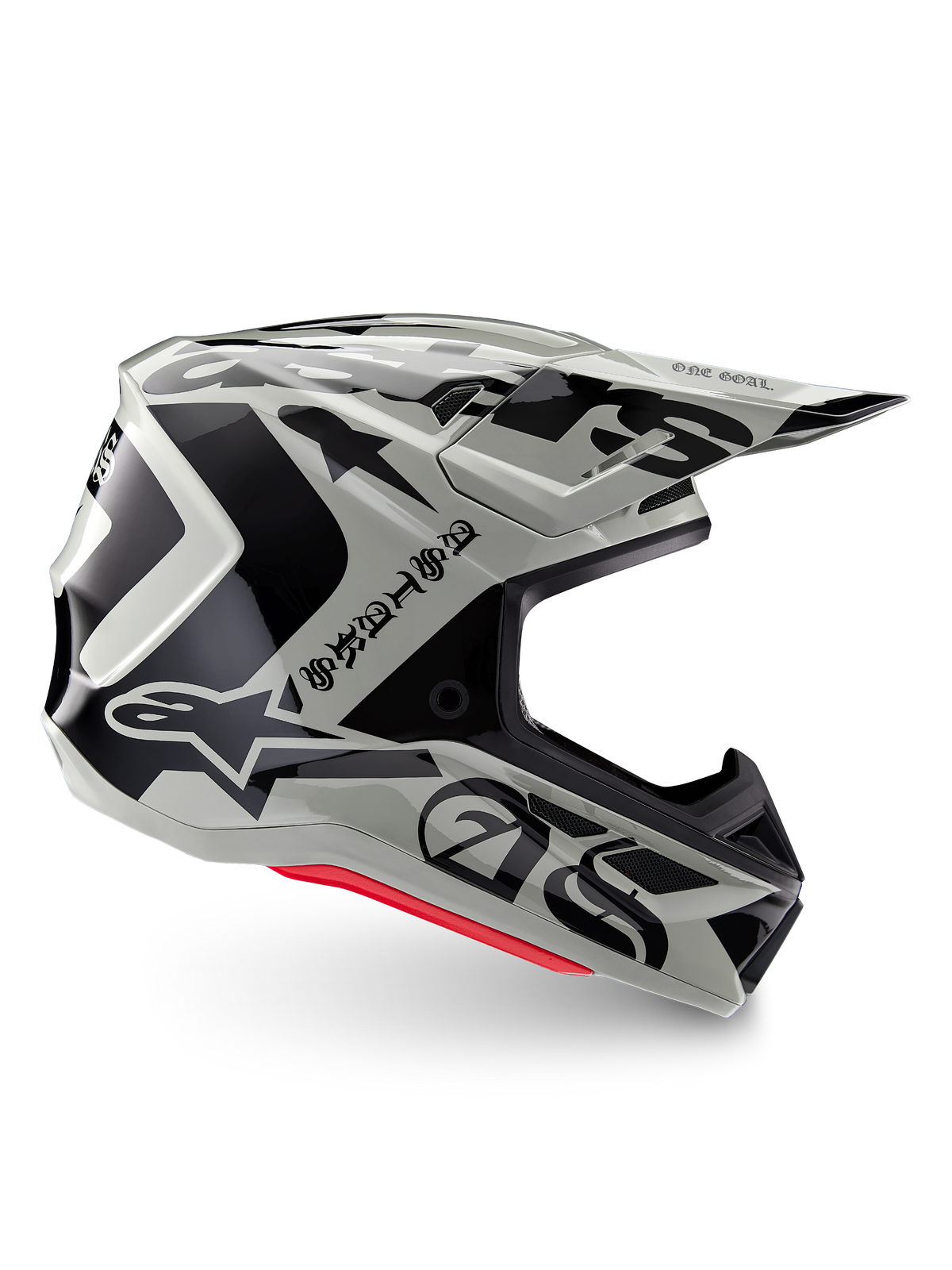 Casco Alpinestars S-M7 Wolf Dust Edizione Limitata, casco da motocross Dune Black Glossy, profilo laterale con grafiche nere audaci e branding, accenti rossi sulla base, protezione aerodinamica per la testa off-road
