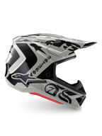 Casco Alpinestars S-M7 Wolf Dust Edizione Limitata, casco da motocross Dune Black Glossy, profilo laterale con grafiche nere audaci e branding, accenti rossi sulla base, protezione aerodinamica per la testa off-road