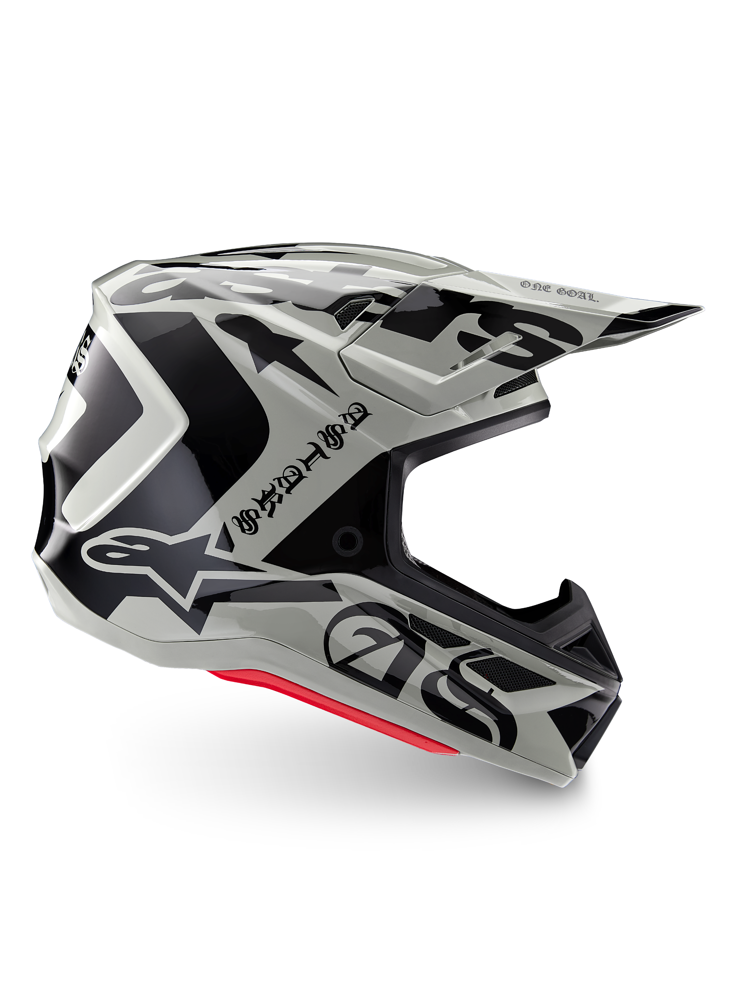 Casco Alpinestars S-M7 Wolf Dust Edizione Limitata, casco da motocross Dune Black Glossy, profilo laterale con grafiche nere audaci e branding, accenti rossi sulla base, protezione aerodinamica per la testa off-road