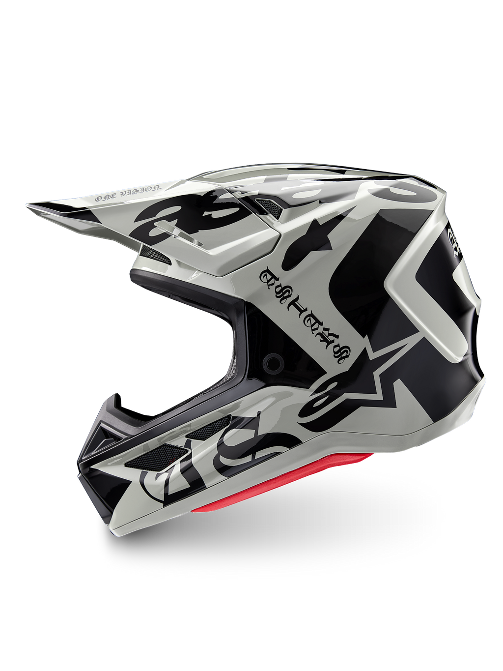 Alpinestars Casco S-M7 Wolf Dust Edizione Limitata, casco da motocross, Dune Black Glossy, calotta bianco sporco con loghi ASTARS gotici neri e motivi grafici, imbottitura interna rossa visibile, profilo aerodinamico per corse fuoristrada