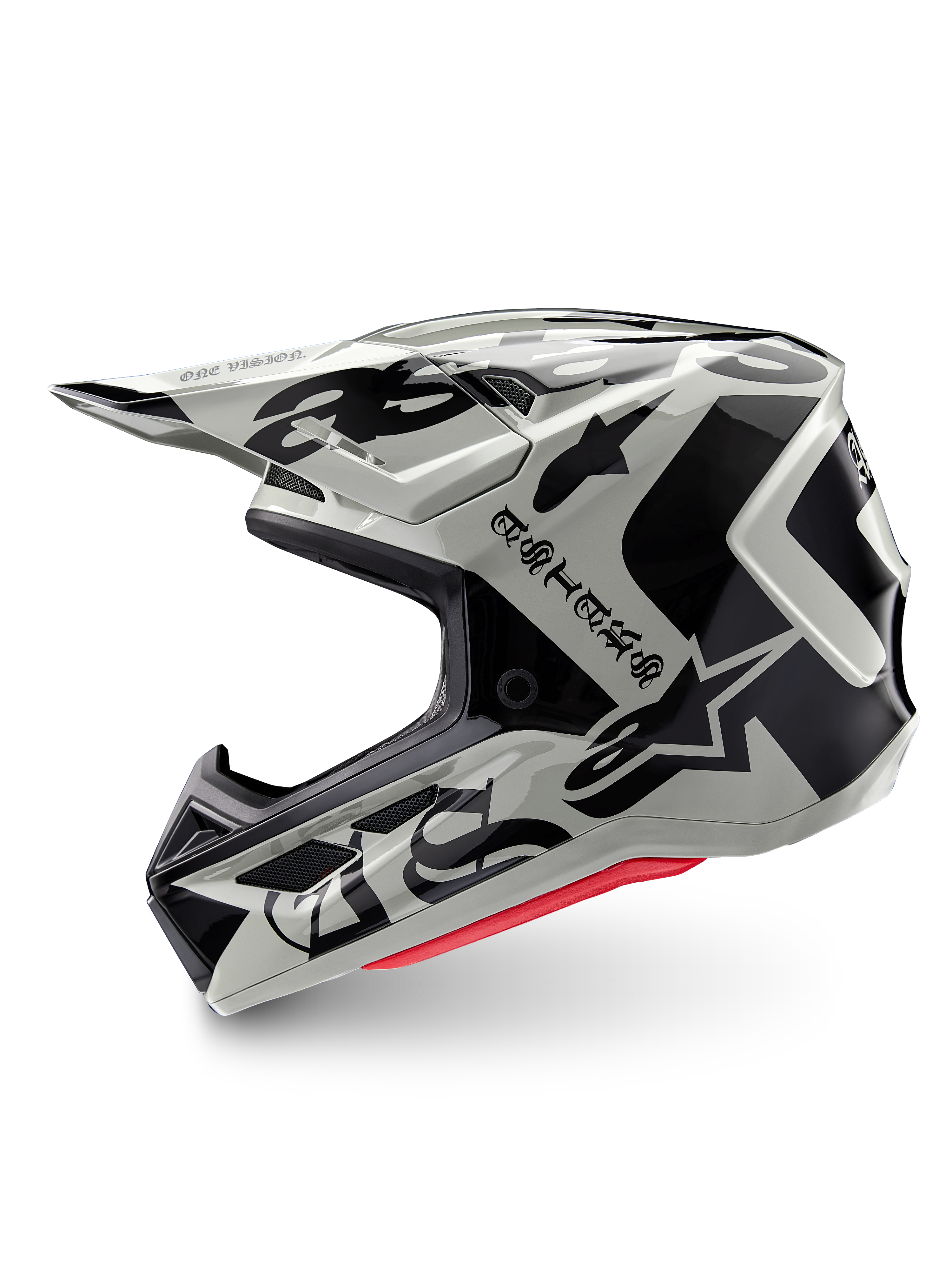 Alpinestars Casco S-M7 Wolf Dust Edizione Limitata, casco da motocross, Dune Black Glossy, calotta bianco sporco con loghi ASTARS gotici neri e motivi grafici, imbottitura interna rossa visibile, profilo aerodinamico per corse fuoristrada