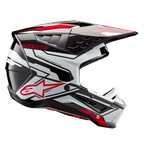 Alpinestars S-M5 Action 2 Helmet ECE, Motocross Helmet, Black White Bright Red Glossy, side profile view showing bold graphics and red star logo, sleek aerodynamic shell with multiple air vents, adjustable visor, high-performance gear for off-road racing