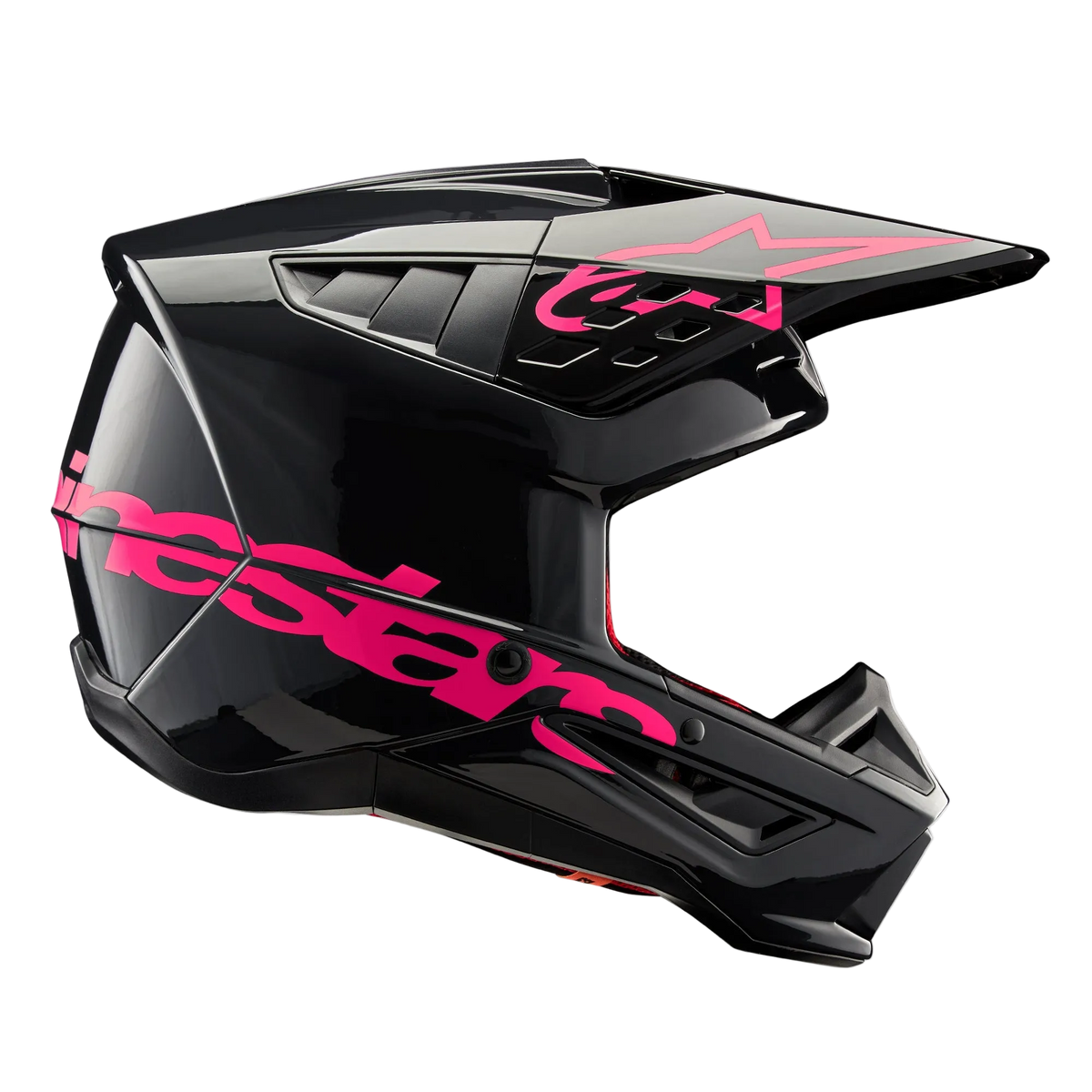 Alpinestars S-M5 Corp Helmet, Motocross Helmet, Black Diva Pink Glossy, side profile view, glossy black finish with vibrant pink branding, aerodynamic shell with ventilation ports for off-road racing protection