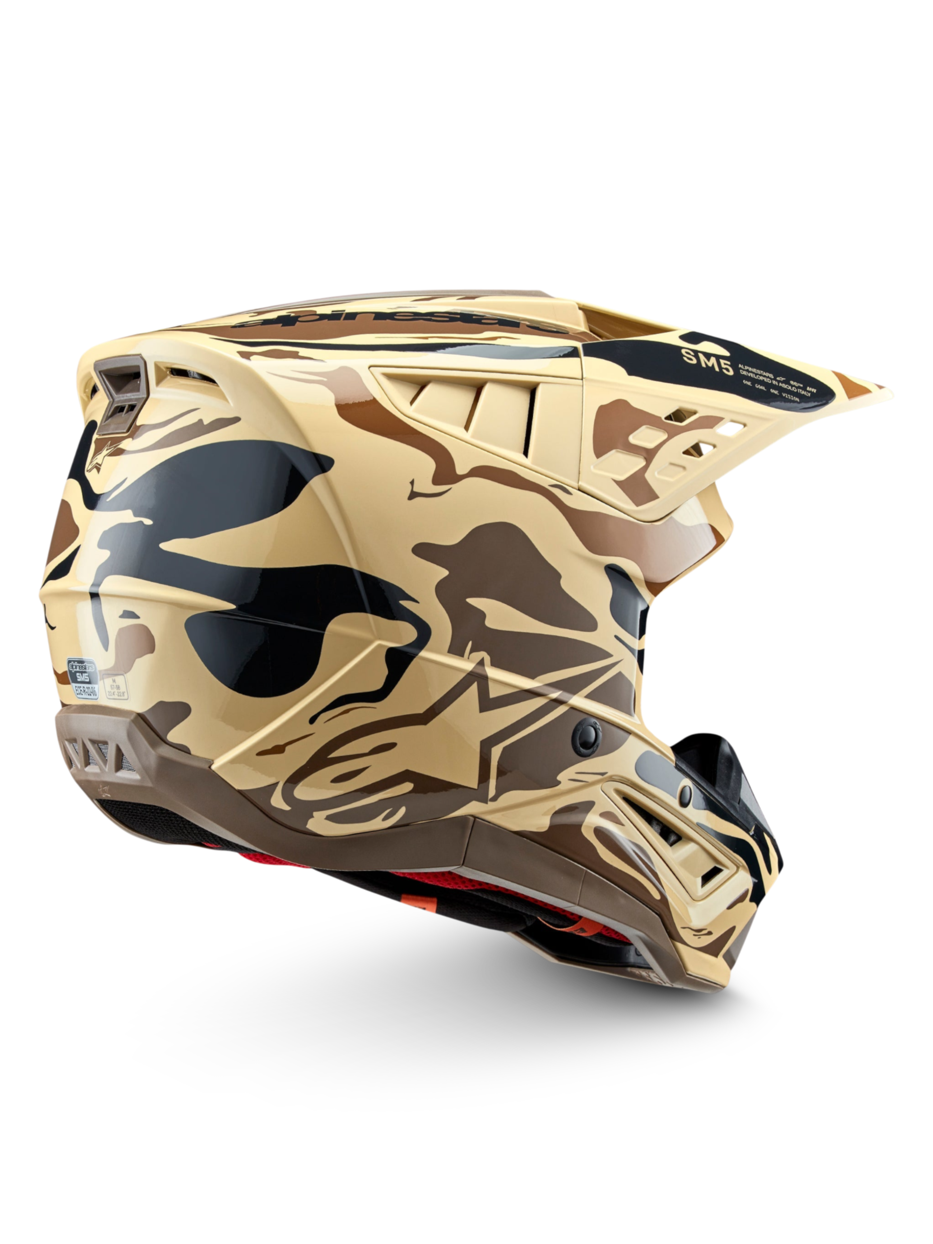 Alpinestars casco S-M5 Mineral ECE 22.06, casco da motocross marrone e beige con grafica camouflage, certificato ECE 22.06