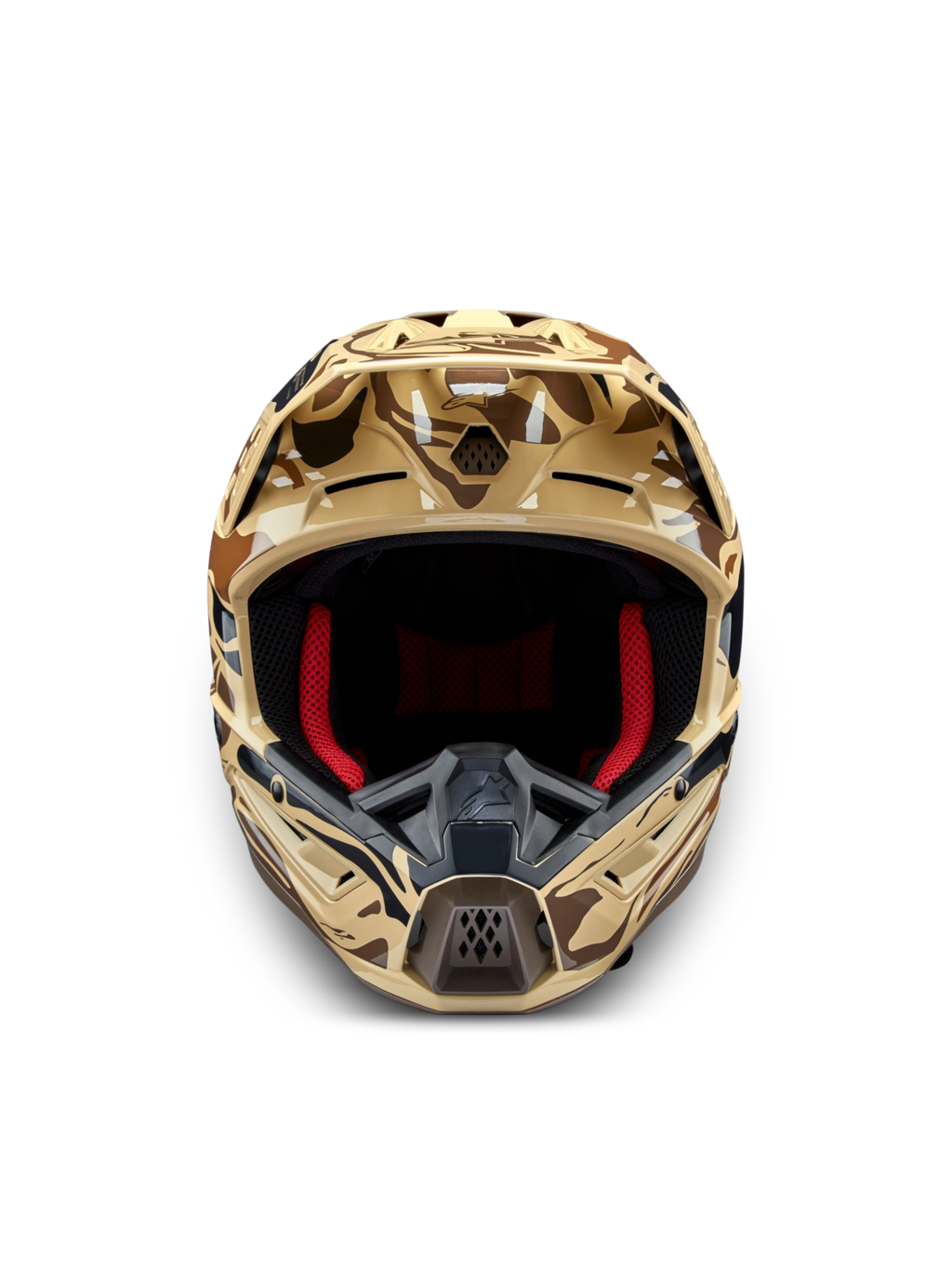 Alpinestars Casco S-M5 Mineral, casco da motocross marrone mimetico, certificato ECE 22.06, vista frontale e interno rosso.