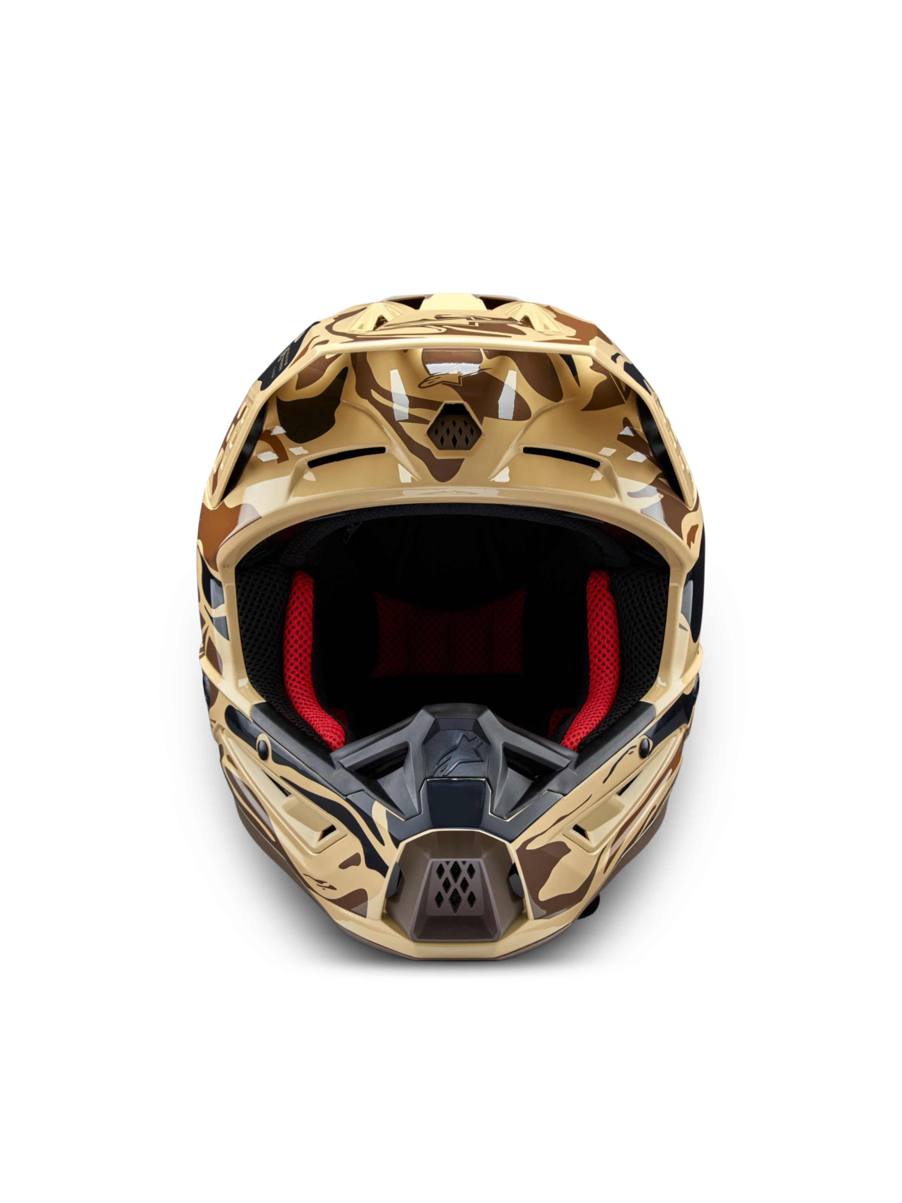 Alpinestars Casco S-M5 Mineral, casco da motocross marrone mimetico, certificato ECE 22.06, vista frontale e interno rosso.