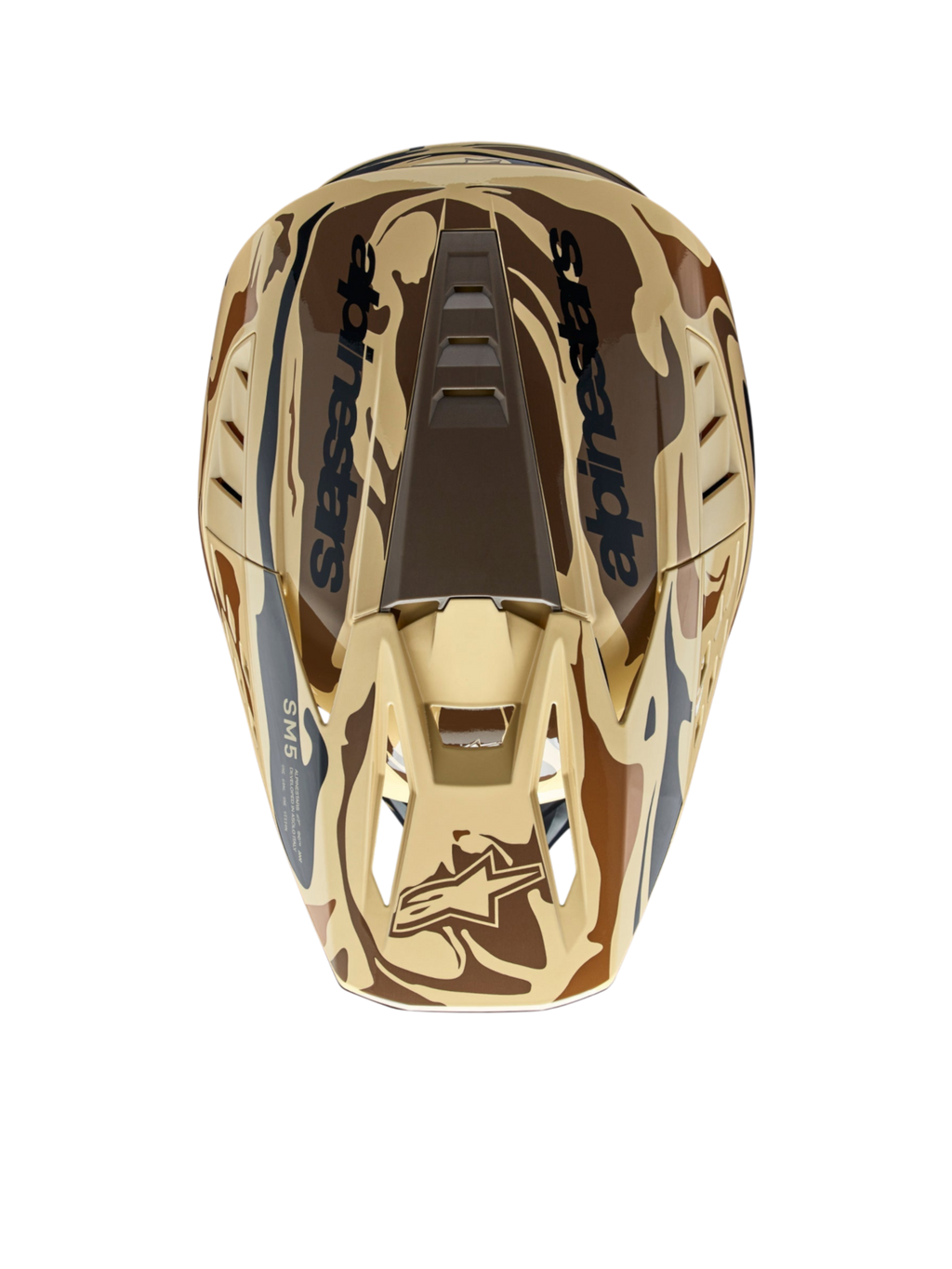 Alpinestars Casco S-M5 Mineral ECE 22.06, casco da motocross, vista dall'alto, marrone scuro opaco con grafica camouflage, calotta leggera e ventilata