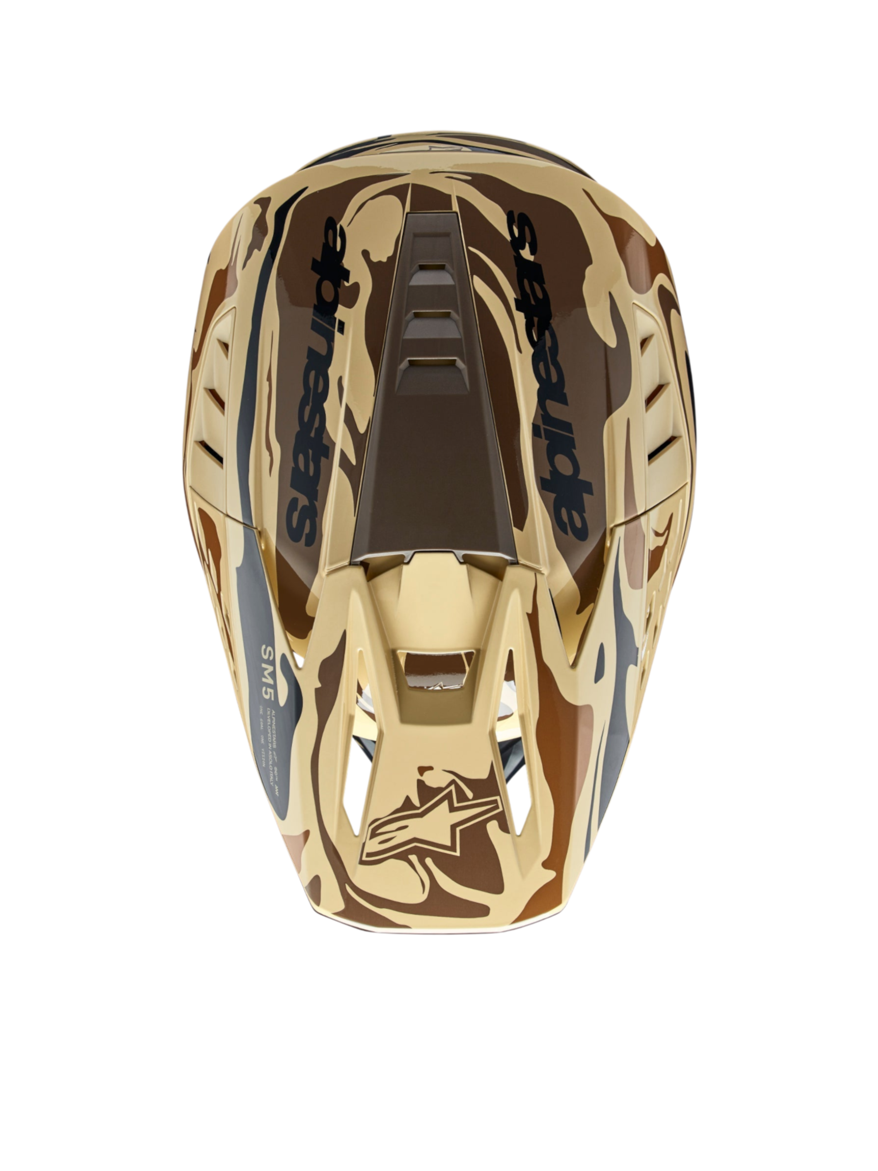 Alpinestars Casco S-M5 Mineral ECE 22.06, casco da motocross, vista dall'alto, marrone scuro opaco con grafica camouflage, calotta leggera e ventilata