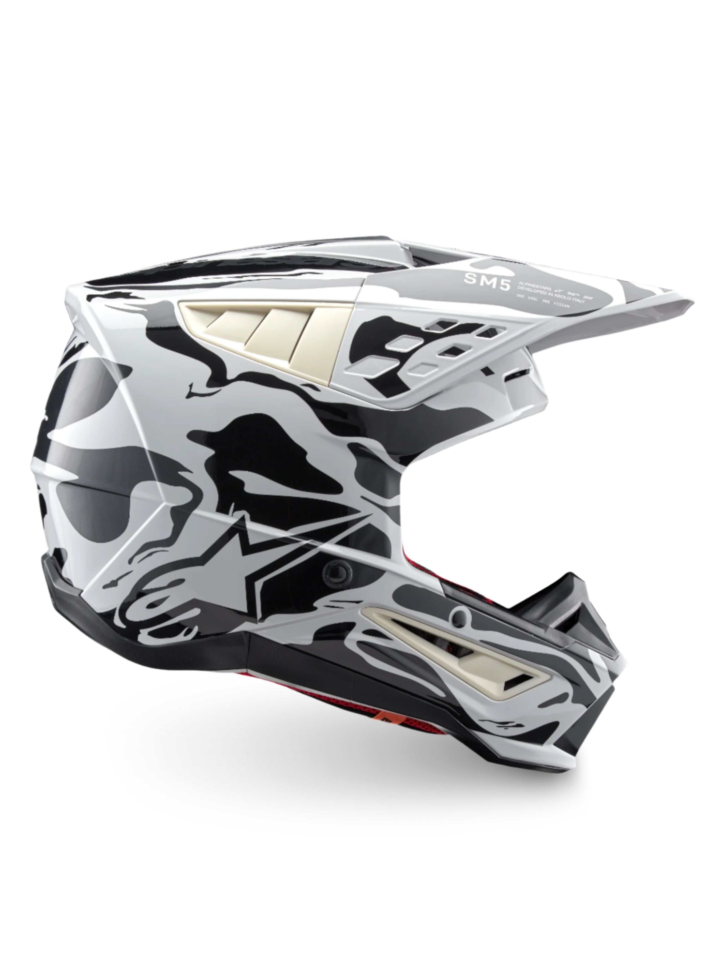 Alpinestars Casco S-M5 Mineral, casco da motocross grigio freddo e grigio scuro, grafica camouflage, certificato ECE 22.06