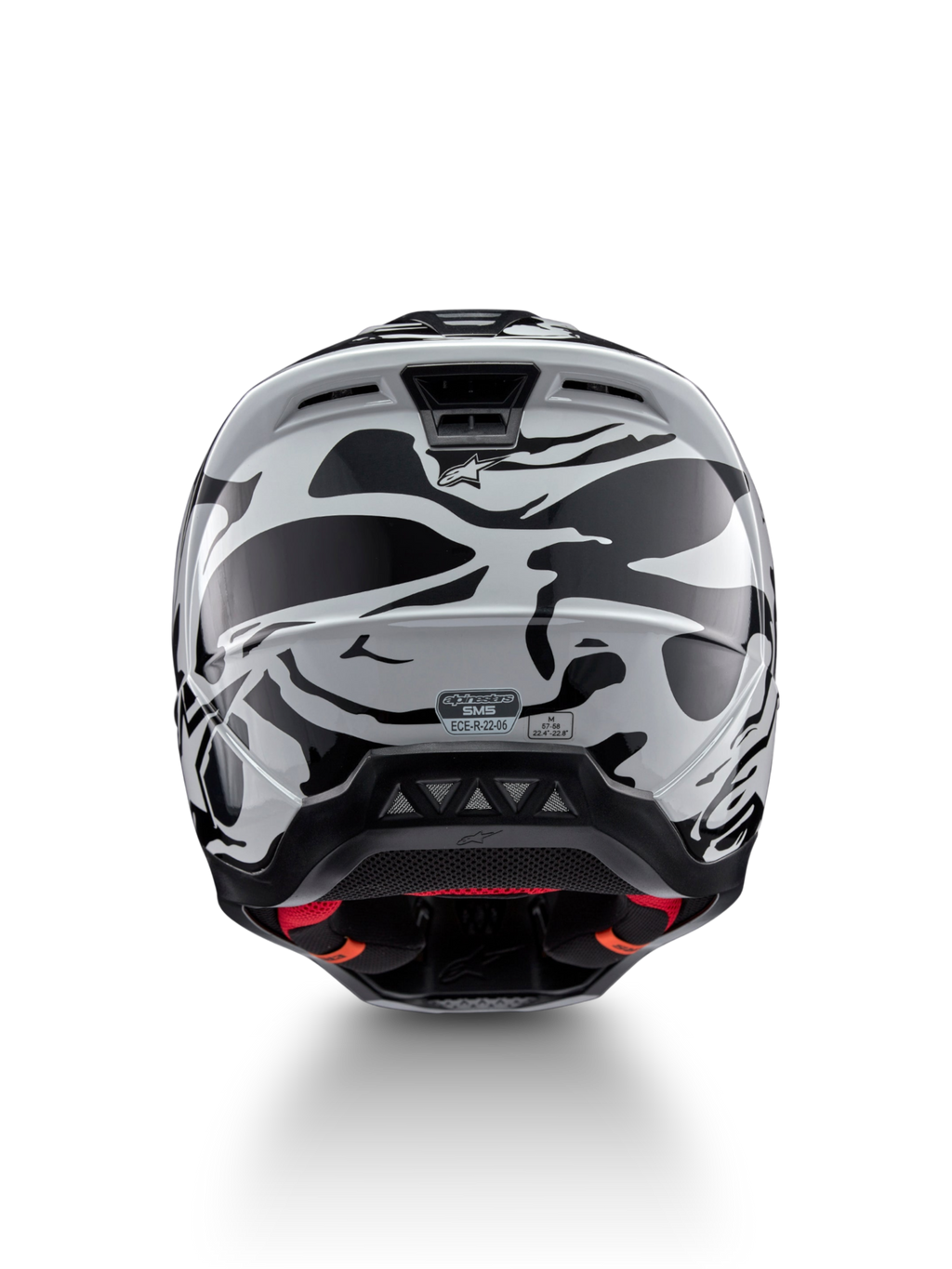 Casco Alpinestars S-M5 Mineral, casco moto off-road grigio, vista posteriore con prese d'aria e certificazione ECE 22.06.