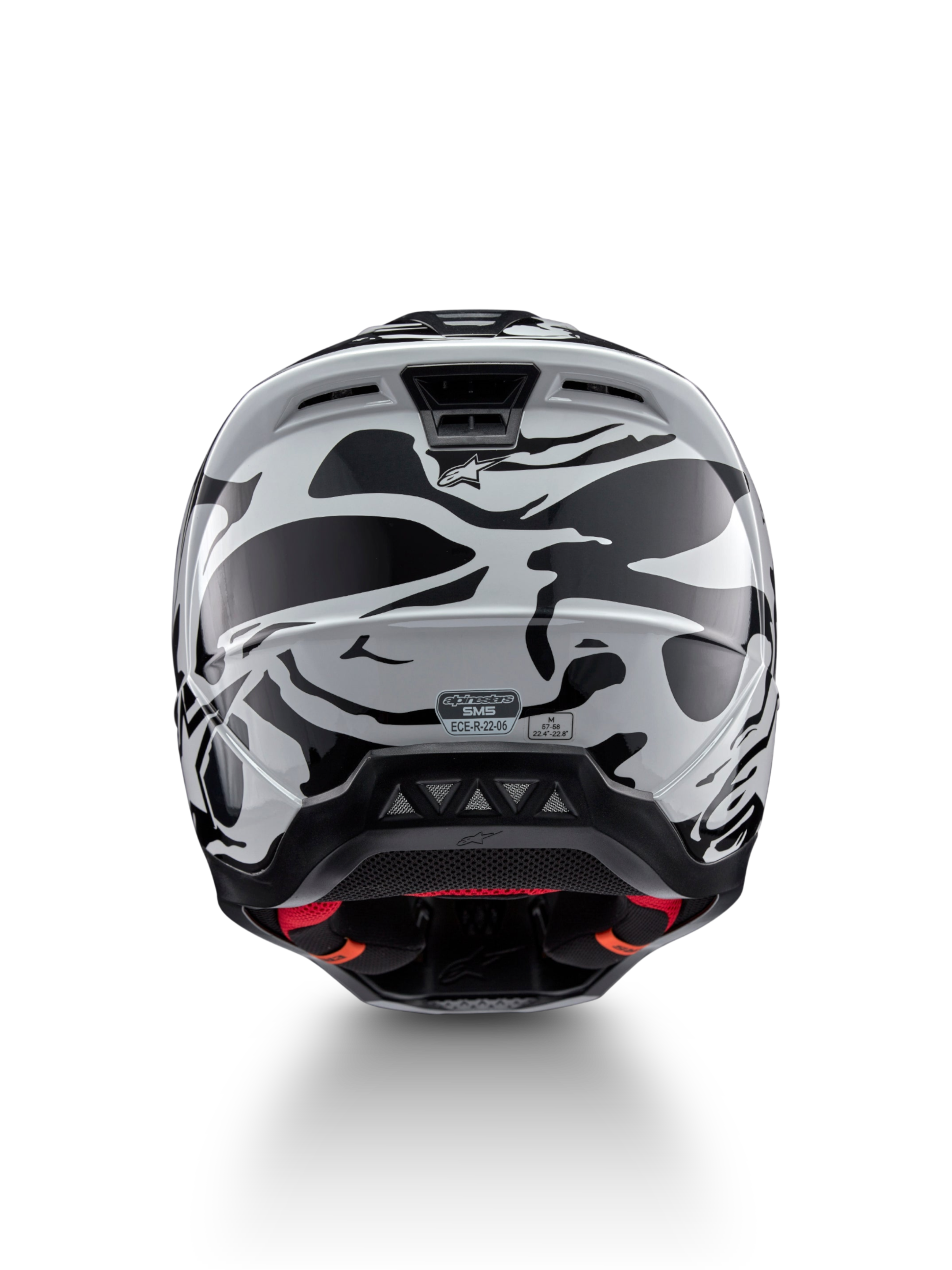 Casco Alpinestars S-M5 Mineral, casco moto off-road grigio, vista posteriore con prese d'aria e certificazione ECE 22.06.