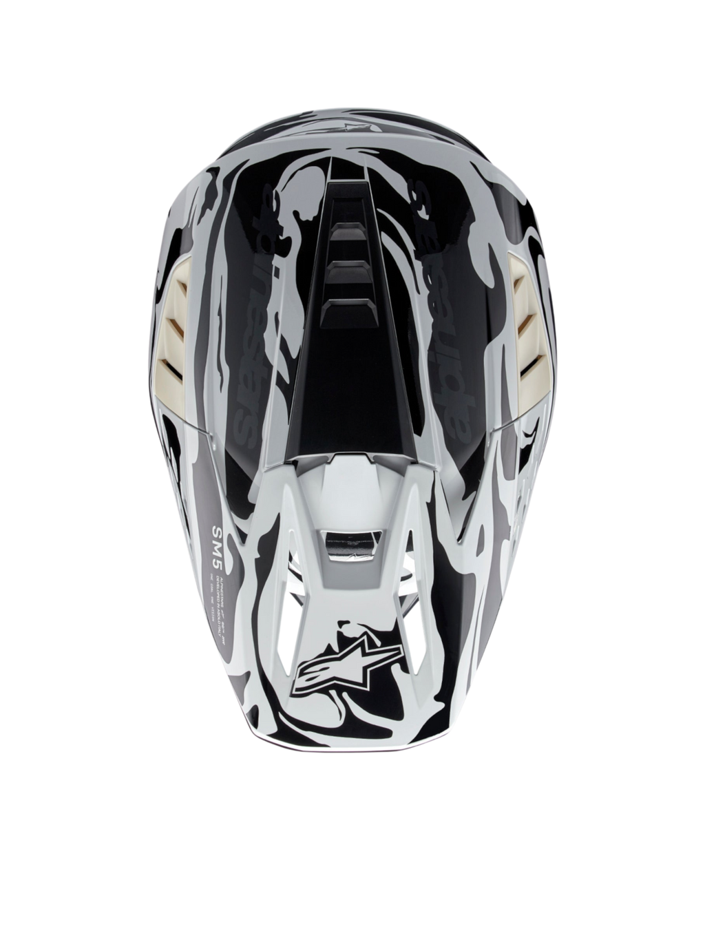 Alpinestars casco S-M5 Mineral ECE 22.06, casco da motocross grigio freddo e grigio scuro lucido, vista dall'alto.