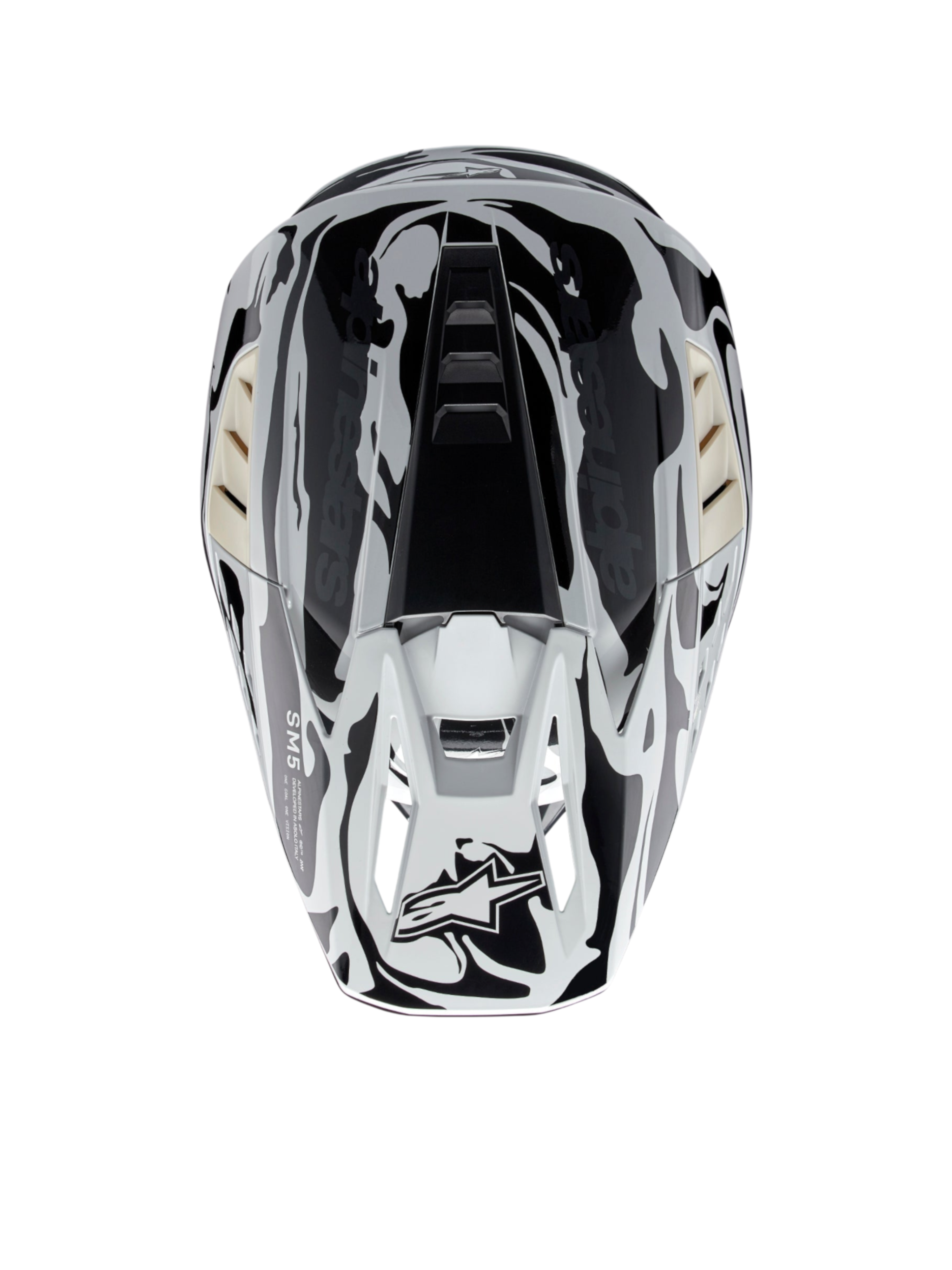 Alpinestars casco S-M5 Mineral ECE 22.06, casco da motocross grigio freddo e grigio scuro lucido, vista dall'alto.