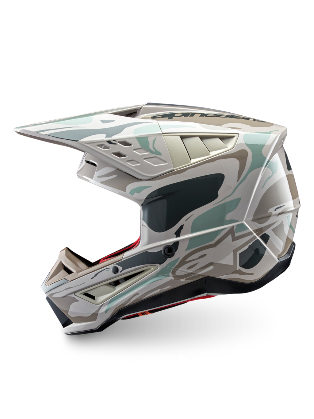 Alpinestars Casco S-M5 Mineral, casco da motocross con grafica camouflage, grigio caldo e verde celeste, finitura lucida, certificato ECE 22.06