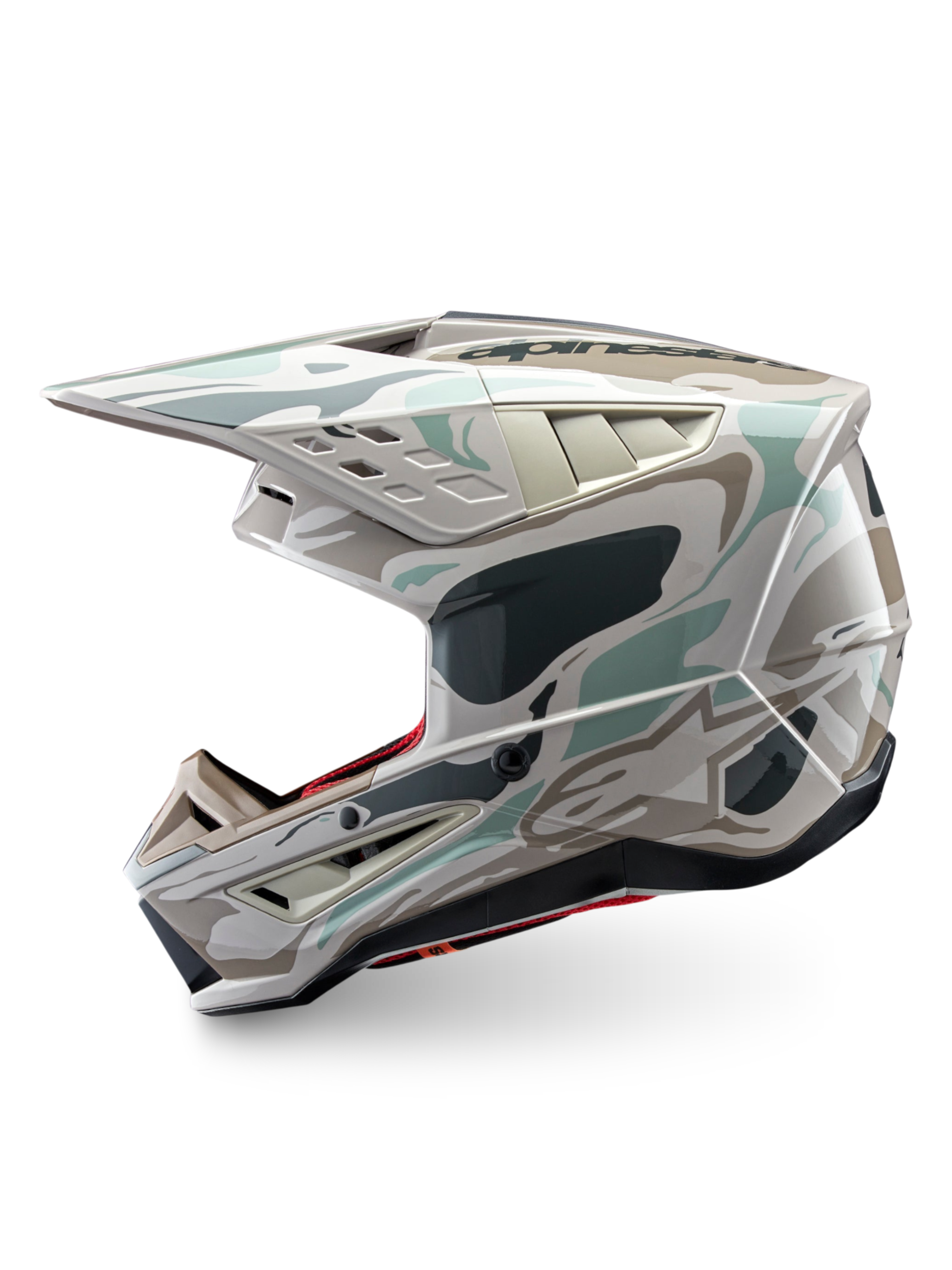Alpinestars Casco S-M5 Mineral, casco da motocross con grafica camouflage, grigio caldo e verde celeste, finitura lucida, certificato ECE 22.06