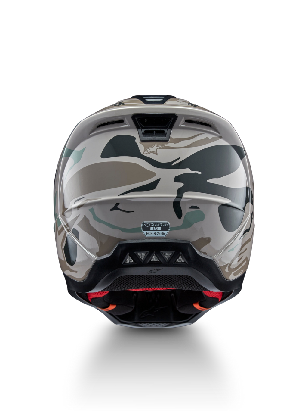 Alpinestars S-M5 Mineral, casco da motocross, grigio caldo e verde celeste mimetico, certificato ECE 22.06, vista posteriore