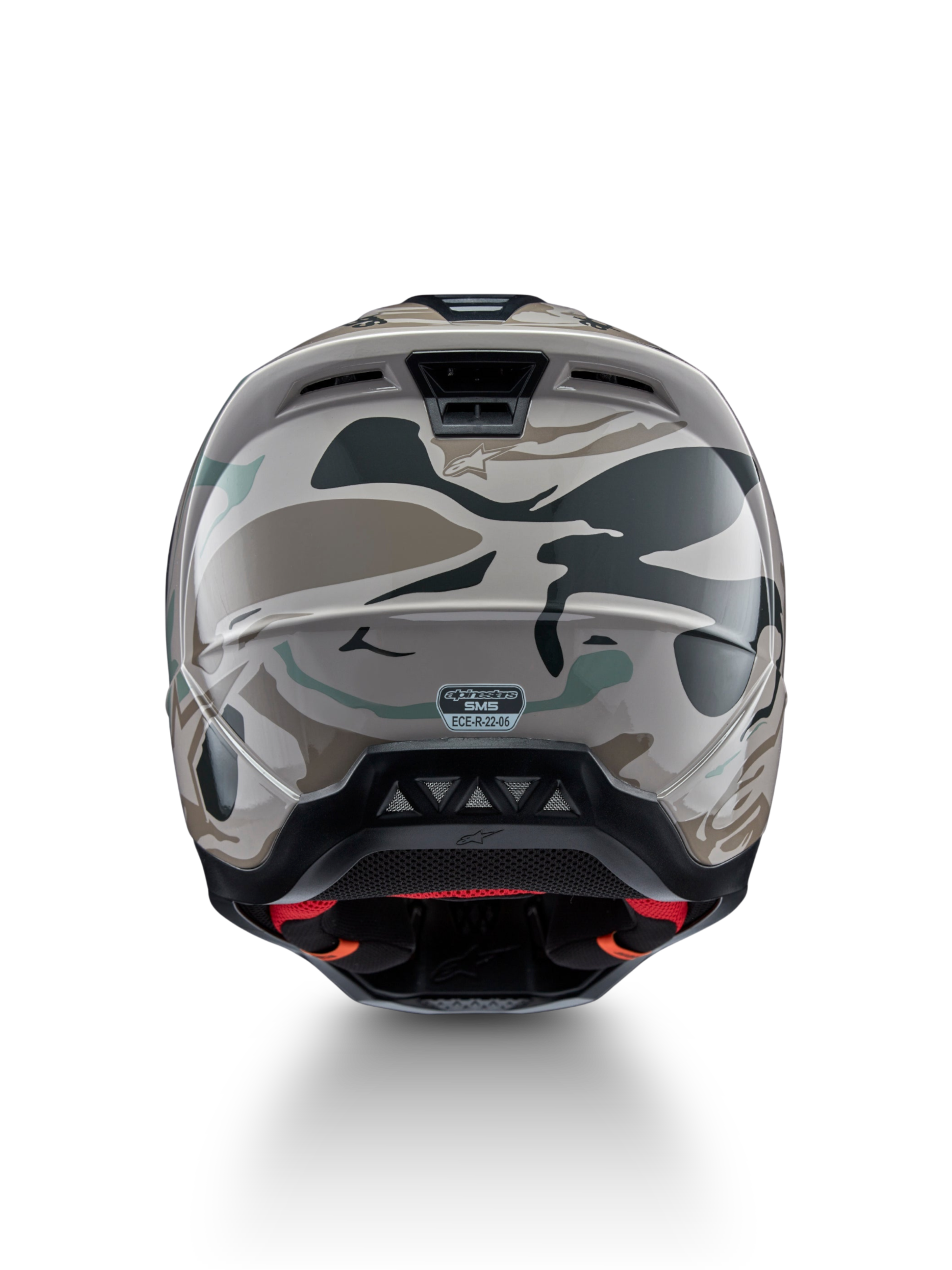 Alpinestars S-M5 Mineral, casco da motocross, grigio caldo e verde celeste mimetico, certificato ECE 22.06, vista posteriore