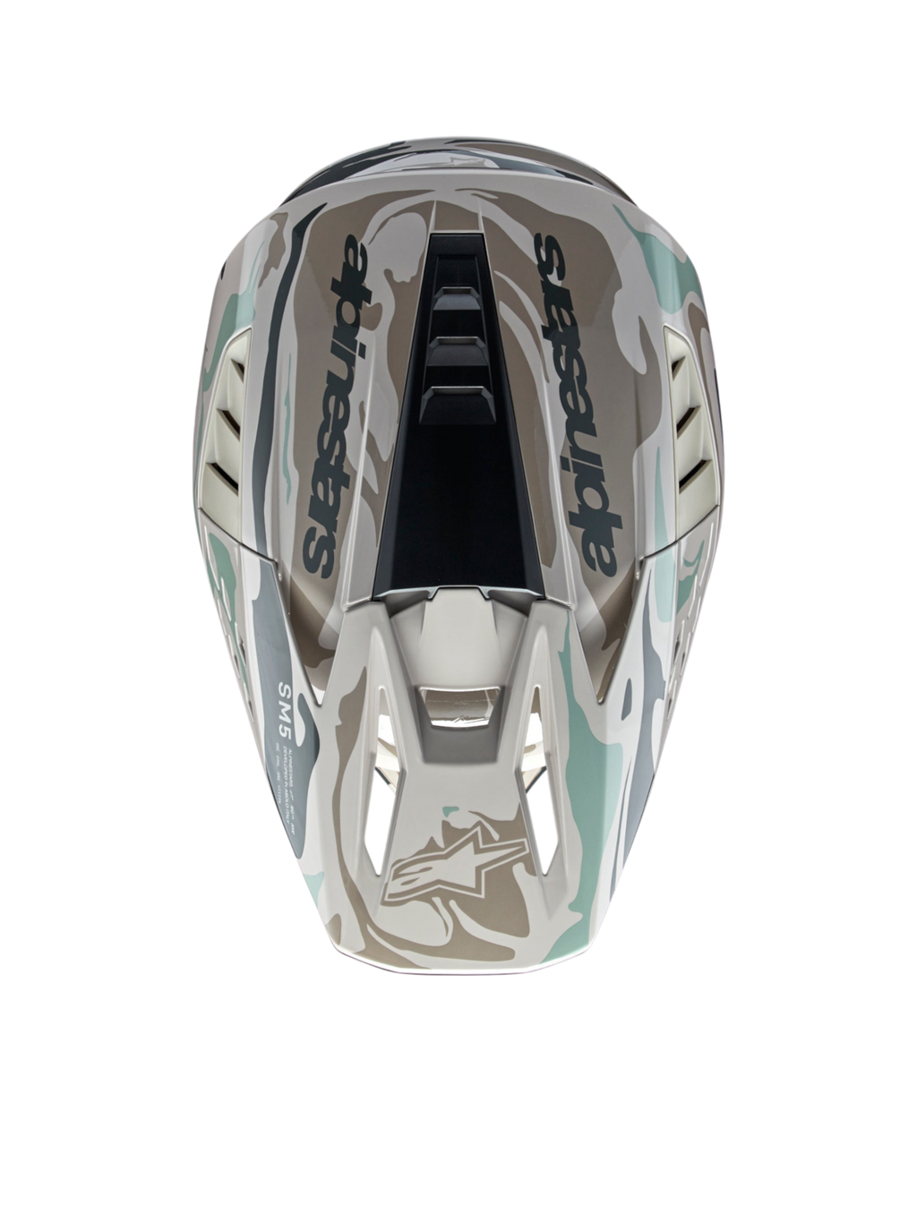 Alpinestars Casco S-M5 Mineral ECE 22.06, casco da motocross grigio e verde, vista dall'alto, motivo camouflage lucido.