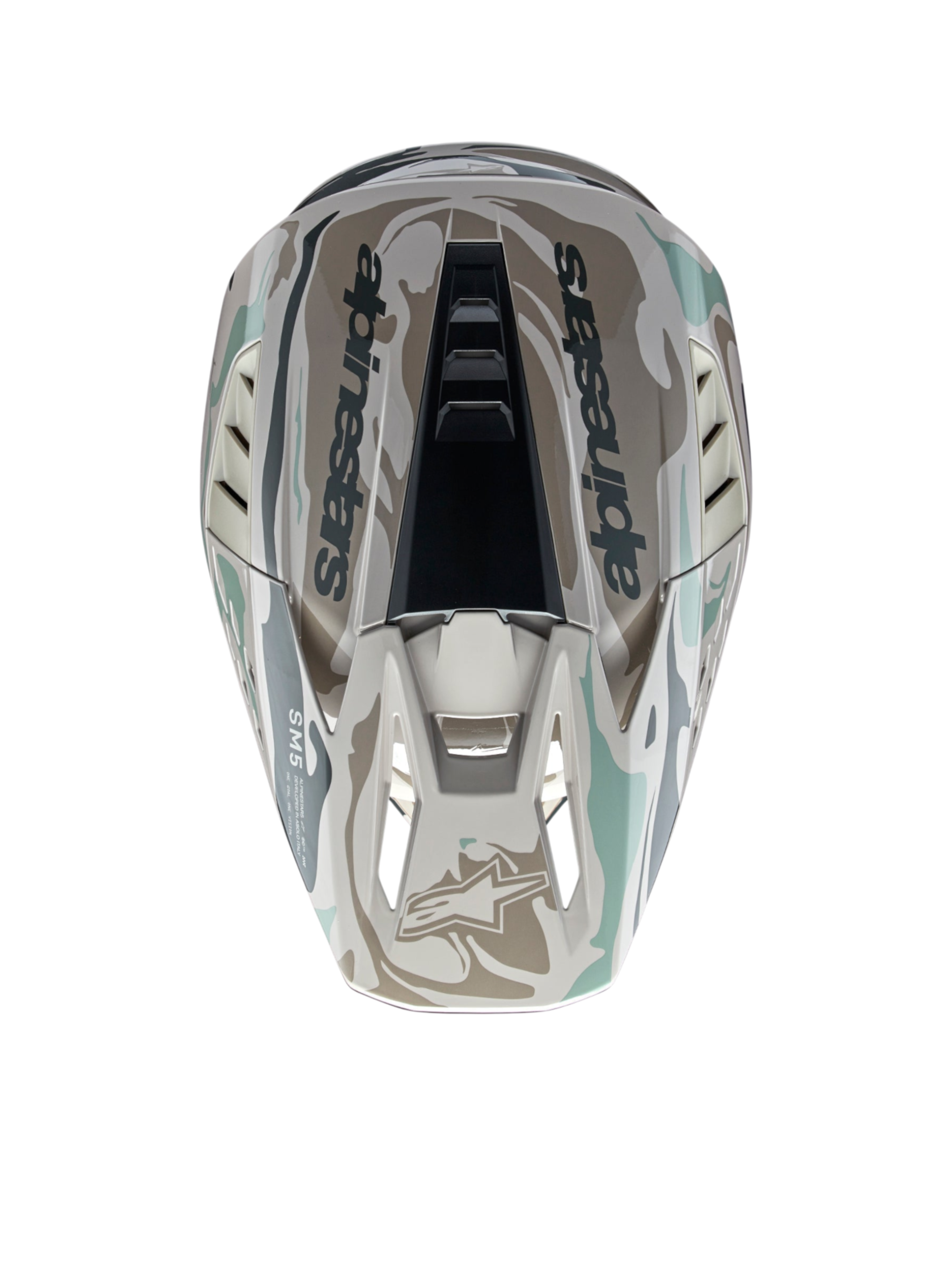 Alpinestars Casco S-M5 Mineral ECE 22.06, casco da motocross grigio e verde, vista dall'alto, motivo camouflage lucido.