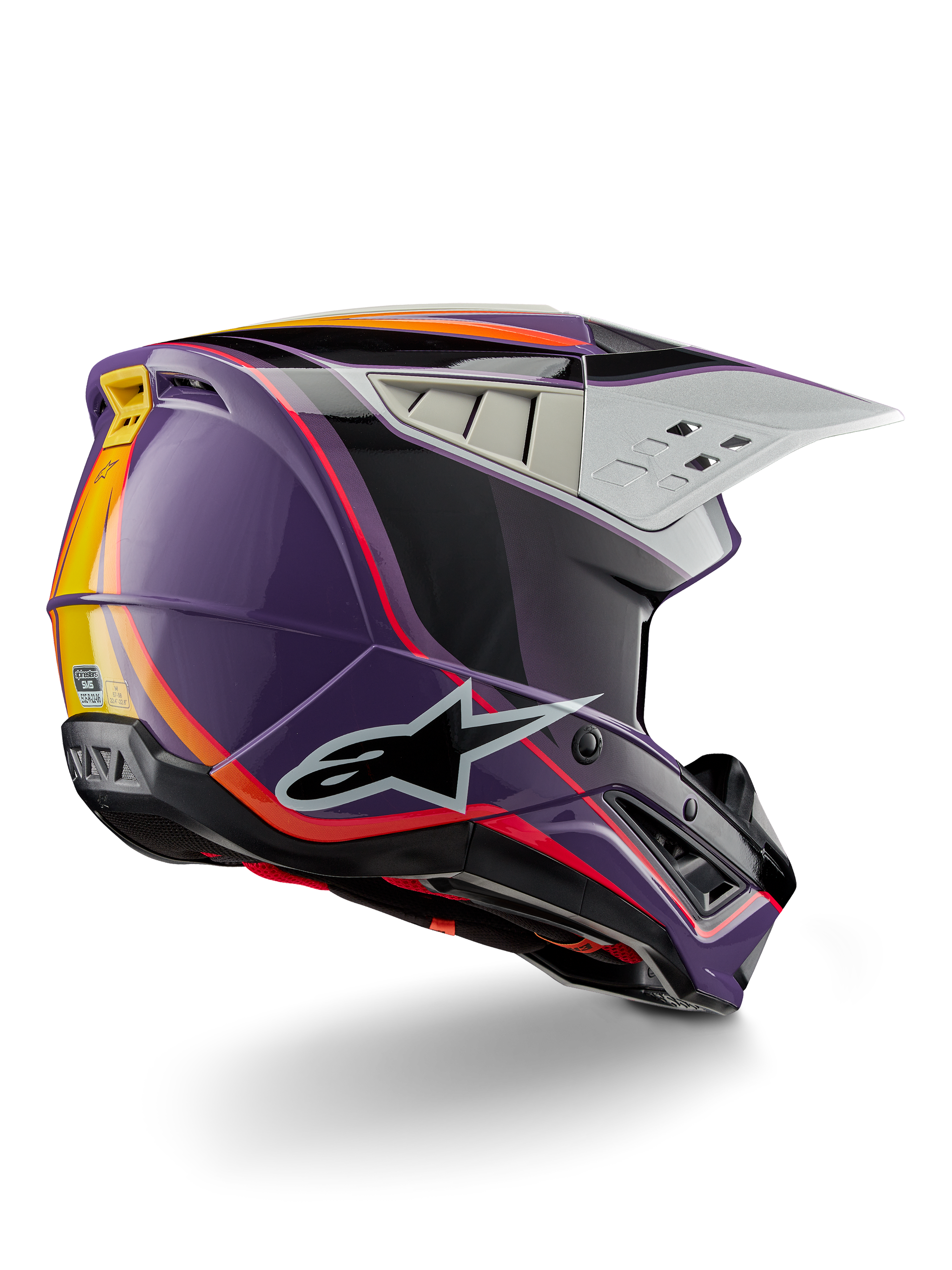 Alpinestars S-M5 Sail Helmet ECE, casco da motocross, viola, nero e argento lucido, con accenti a strisce arancioni e gialle, grande logo a stella nero, profilo aerodinamico con prese d'aria posteriori, finitura lucida per gare fuoristrada