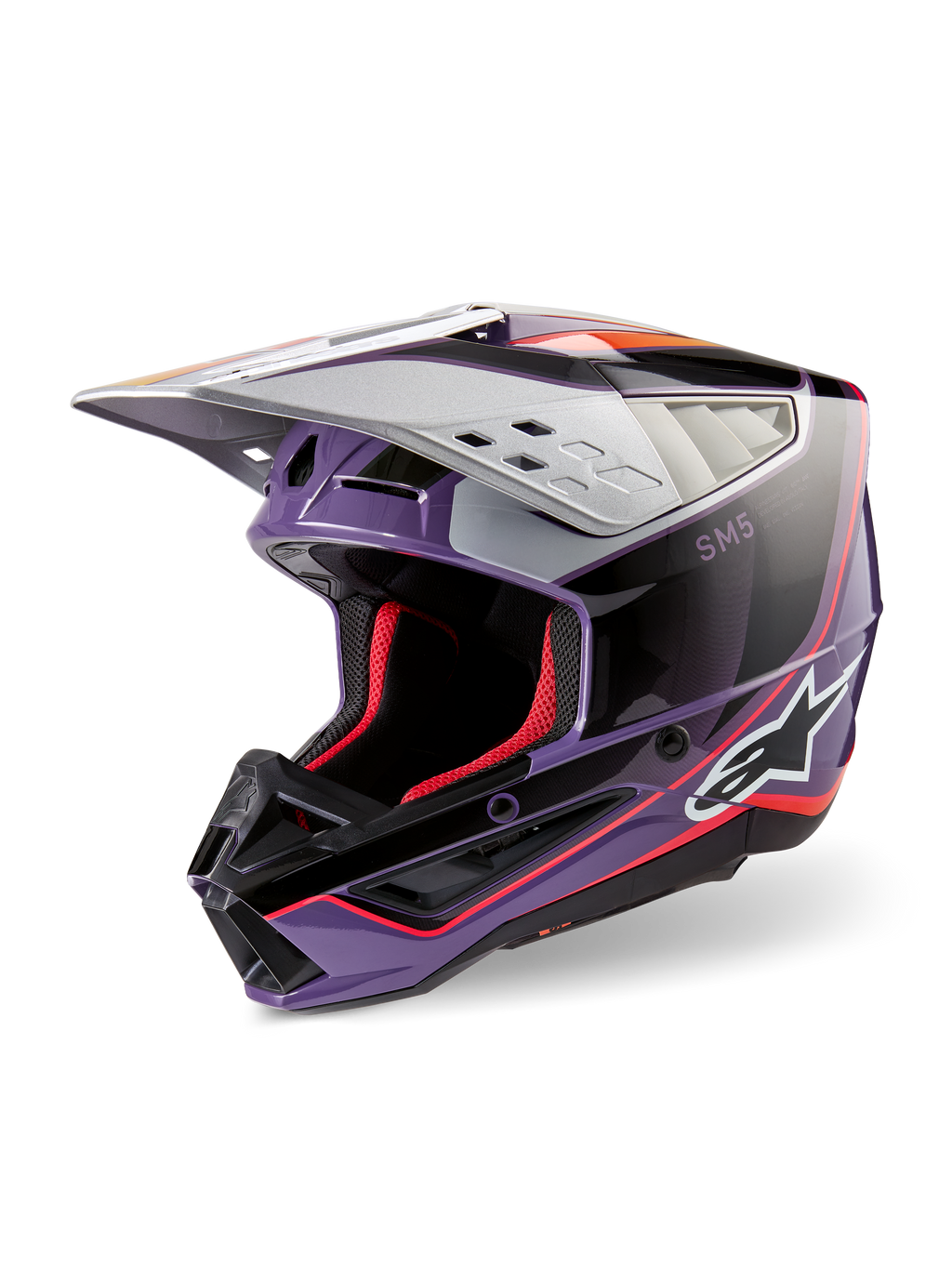 Alpinestars S-M5 Sail Helmet ECE, casco da motocross, viola, nero e argento lucido, con imbottitura interna e accenti rossi, finitura lucida con logo Alpinestars, visiera aerodinamica argento, equipaggiamento protettivo professionale per fuoristrada
