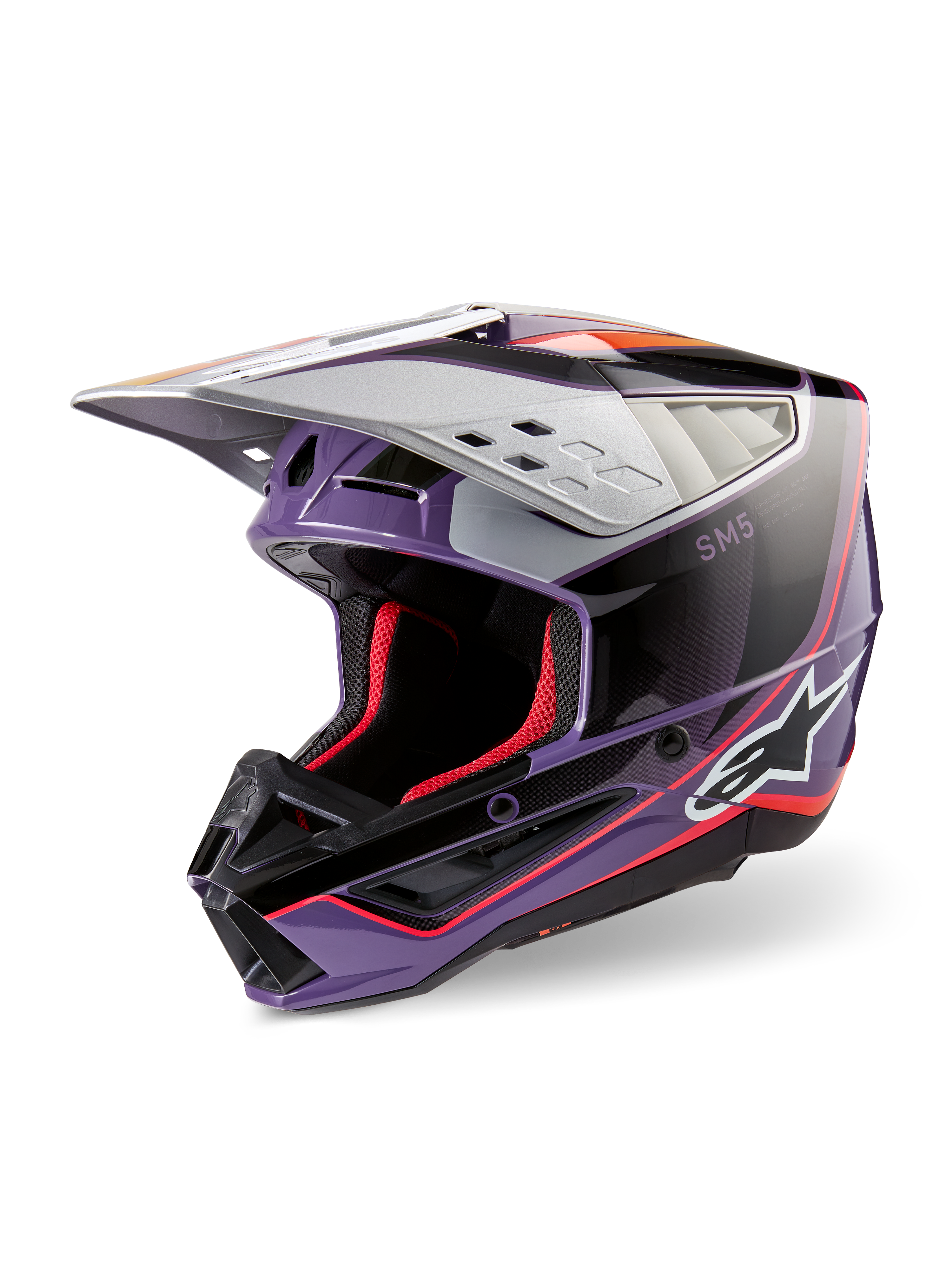 Alpinestars S-M5 Sail Helmet ECE, casco da motocross, viola, nero e argento lucido, con imbottitura interna e accenti rossi, finitura lucida con logo Alpinestars, visiera aerodinamica argento, equipaggiamento protettivo professionale per fuoristrada