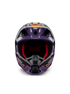 Alpinestars Casco S-M5 Sail ECE, casco da motocross, viola, nero e argento lucido, vista frontale con imbottitura interna rossa, mentoniera ventilata e visiera con dettagli arancioni, calotta aerodinamica per protezione fuoristrada