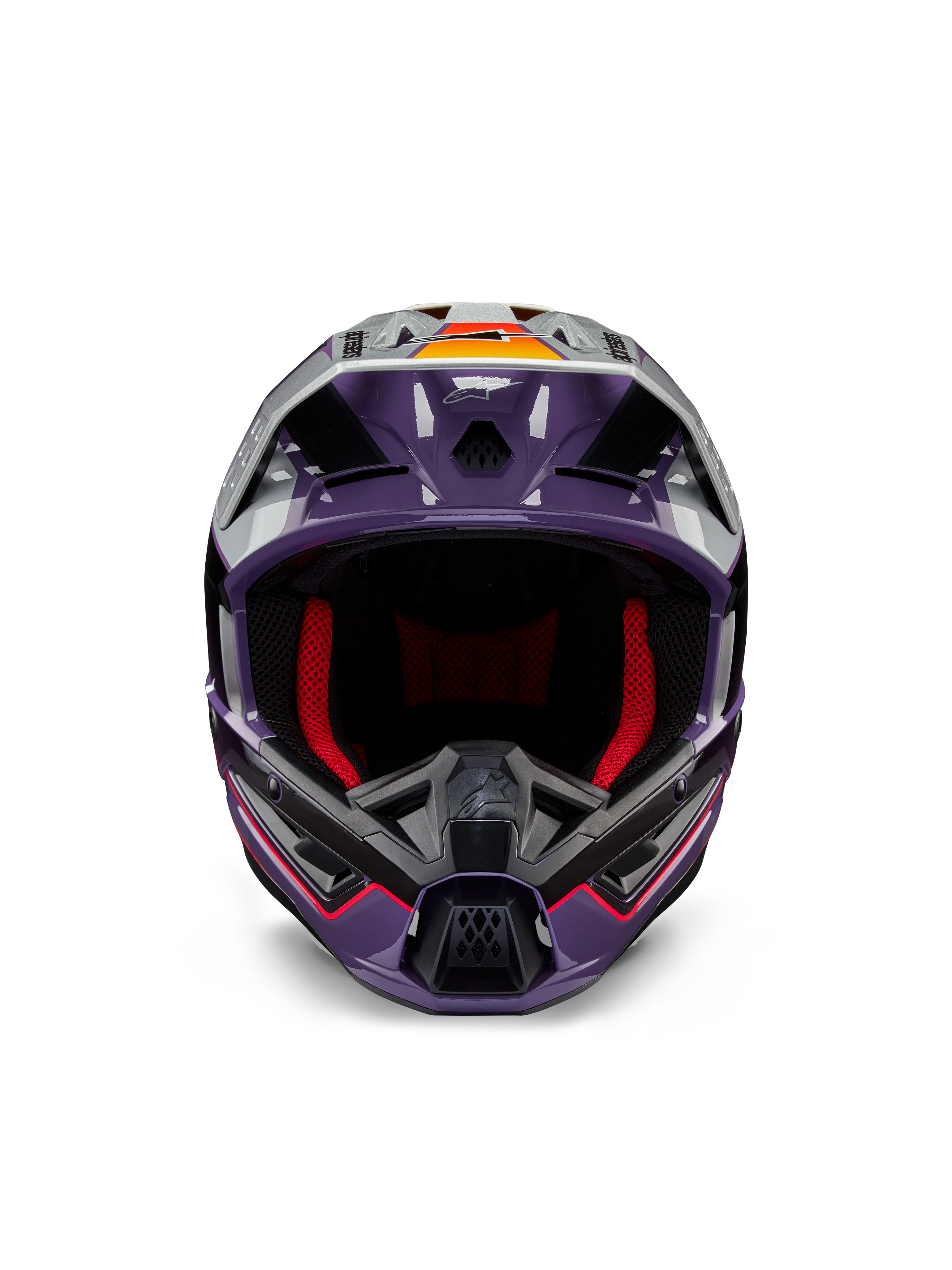 Alpinestars Casco S-M5 Sail ECE, casco da motocross, viola, nero e argento lucido, vista frontale con imbottitura interna rossa, mentoniera ventilata e visiera con dettagli arancioni, calotta aerodinamica per protezione fuoristrada