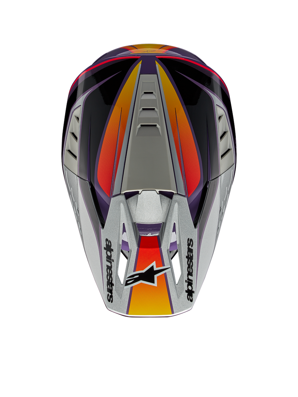 Casco Alpinestars S-M5 Sail ECE, casco da motocross, viola, nero e argento lucido, vista dall'alto che mostra il frontino argento con logo Alpinestars, dettagli sfumati arancioni e rossi, calotta aerodinamica con prese d'aria, protezione per la testa off-road ad alte prestazioni