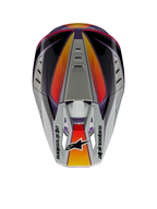 Casco Alpinestars S-M5 Sail ECE, casco da motocross, viola, nero e argento lucido, vista dall'alto che mostra il frontino argento con logo Alpinestars, dettagli sfumati arancioni e rossi, calotta aerodinamica con prese d'aria, protezione per la testa off-road ad alte prestazioni