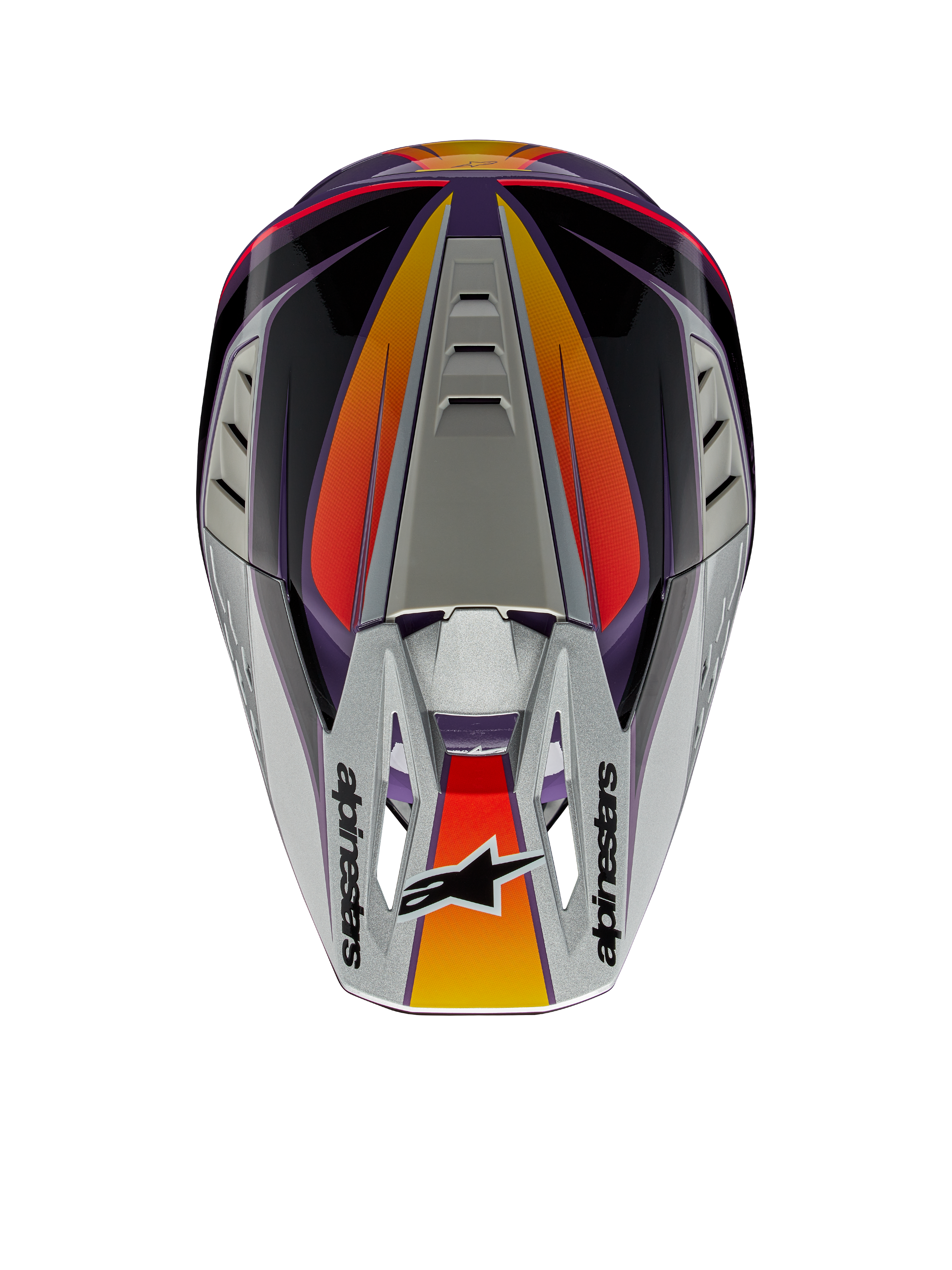 Casco Alpinestars S-M5 Sail ECE, casco da motocross, viola, nero e argento lucido, vista dall'alto che mostra il frontino argento con logo Alpinestars, dettagli sfumati arancioni e rossi, calotta aerodinamica con prese d'aria, protezione per la testa off-road ad alte prestazioni