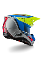 Alpinestars S-M5 Sail Helmet ECE, casco da motocross, giallo fluo, blu smalto e argento lucido, vista posteriore di tre quarti che mostra la calotta aerodinamica in materiale termoplastico, l'ampia visiera ventilata e le prese d'aria integrate per la protezione nelle corse fuoristrada.