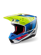Alpinestars S-M5 Sail Helmet ECE, casco da motocross, giallo fluo, blu smalto e argento lucido, con calotta termoplastica aerodinamica, imbottitura interna rossa e visiera con ventilazione ad alto flusso per prestazioni off-road