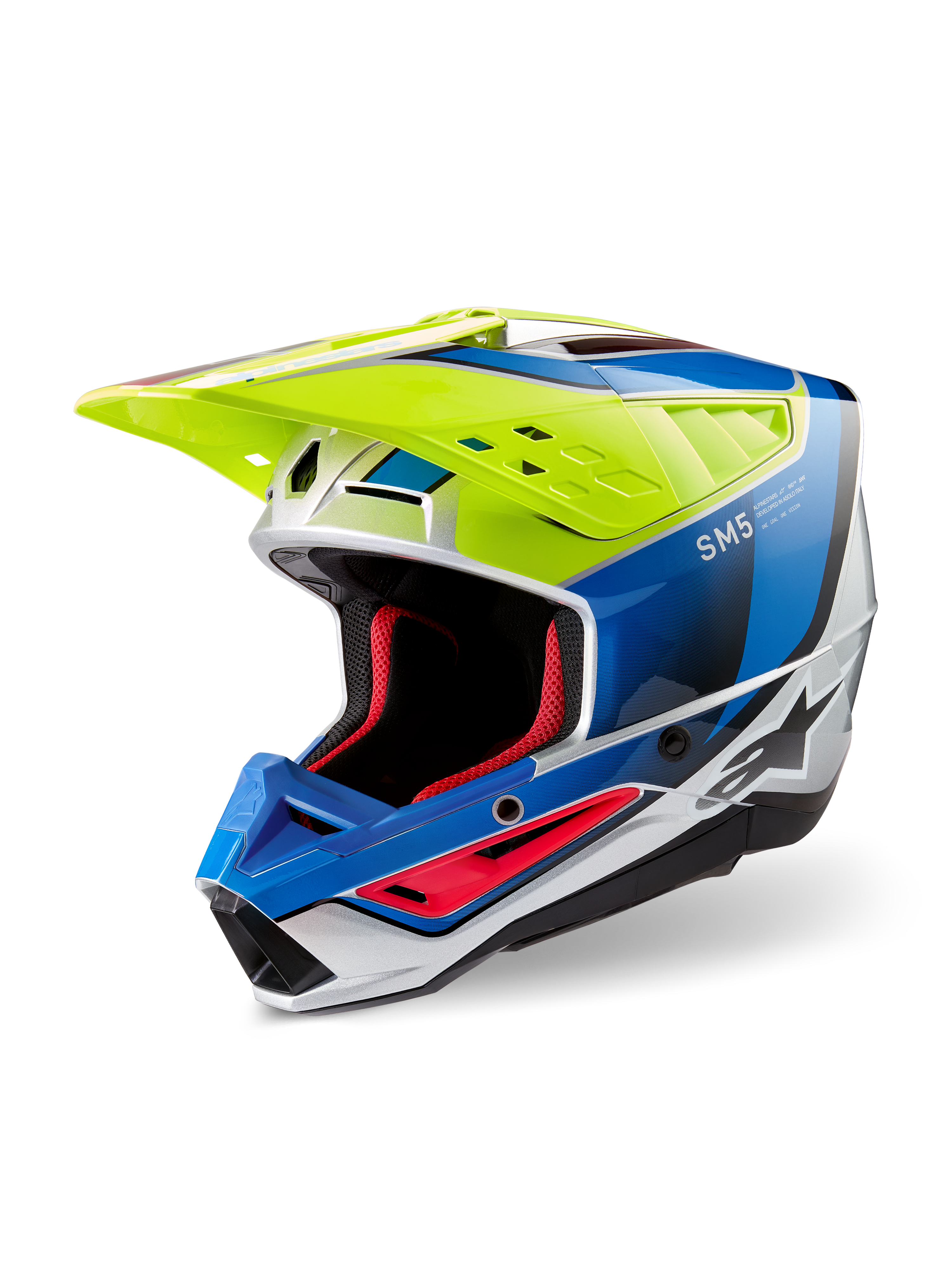 Alpinestars S-M5 Sail Helmet ECE, casco da motocross, giallo fluo, blu smalto e argento lucido, con calotta termoplastica aerodinamica, imbottitura interna rossa e visiera con ventilazione ad alto flusso per prestazioni off-road