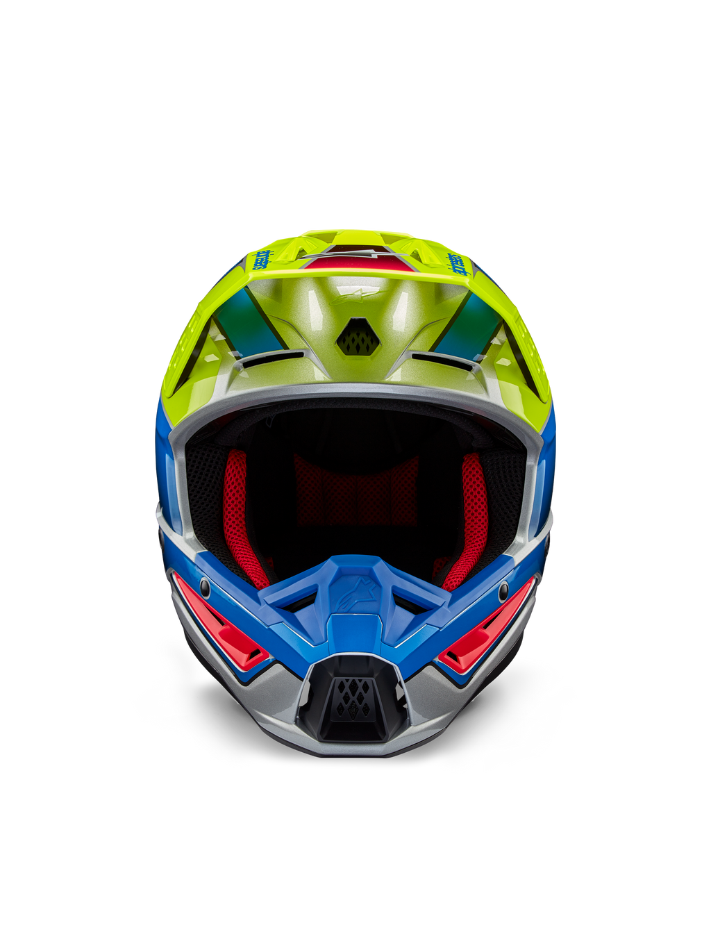Alpinestars S-M5 Sail Helmet ECE, casco da motocross, giallo fluo e blu smalto con finitura argento lucido, vista frontale con imbottitura interna rossa e visiera aerodinamica, protezione per la testa ad alte prestazioni per corse fuoristrada
