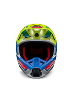 Alpinestars S-M5 Sail Helmet ECE, casco da motocross, giallo fluo e blu smalto con finitura argento lucido, vista frontale con imbottitura interna rossa e visiera aerodinamica, protezione per la testa ad alte prestazioni per corse fuoristrada