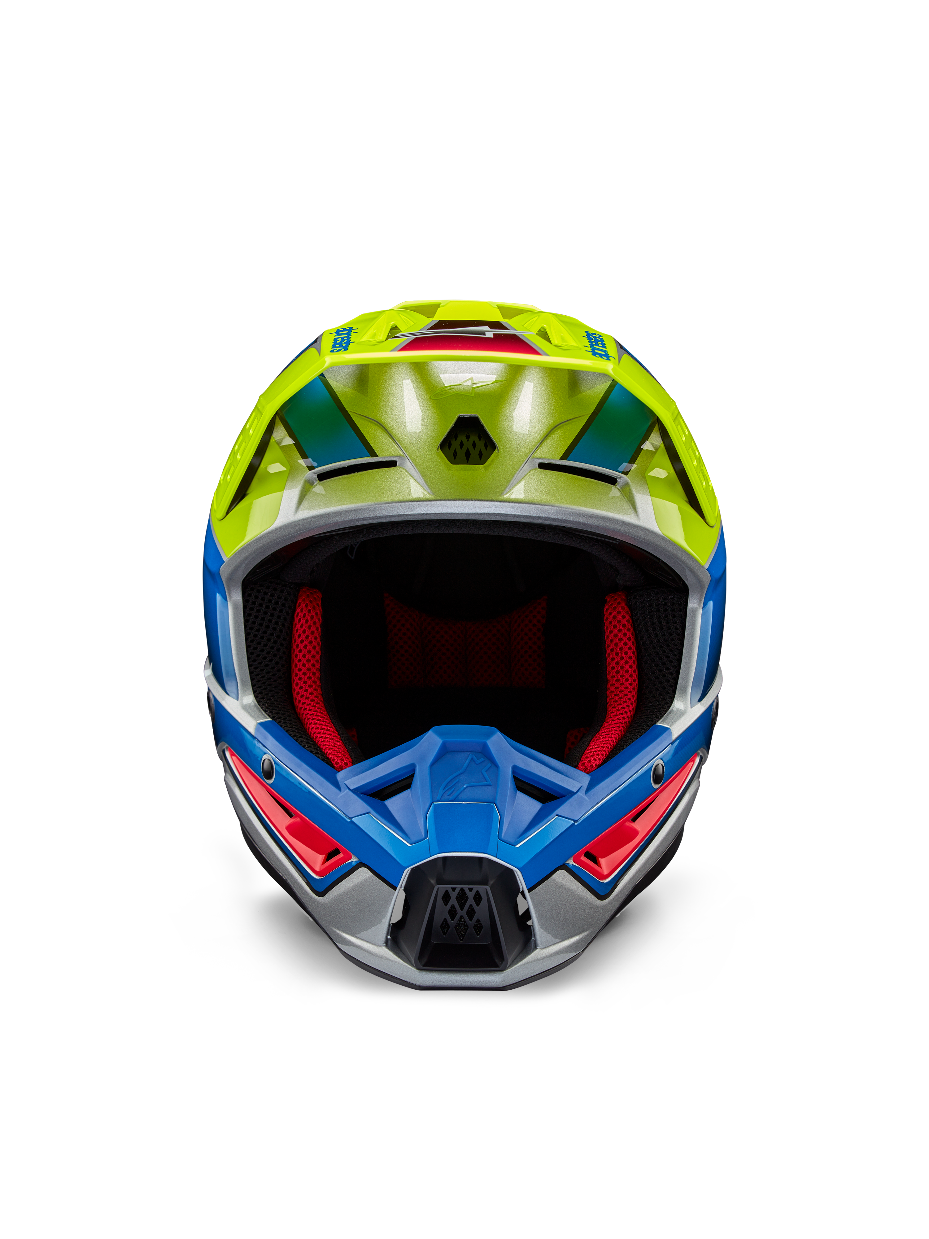 Alpinestars S-M5 Sail Helmet ECE, casco da motocross, giallo fluo e blu smalto con finitura argento lucido, vista frontale con imbottitura interna rossa e visiera aerodinamica, protezione per la testa ad alte prestazioni per corse fuoristrada