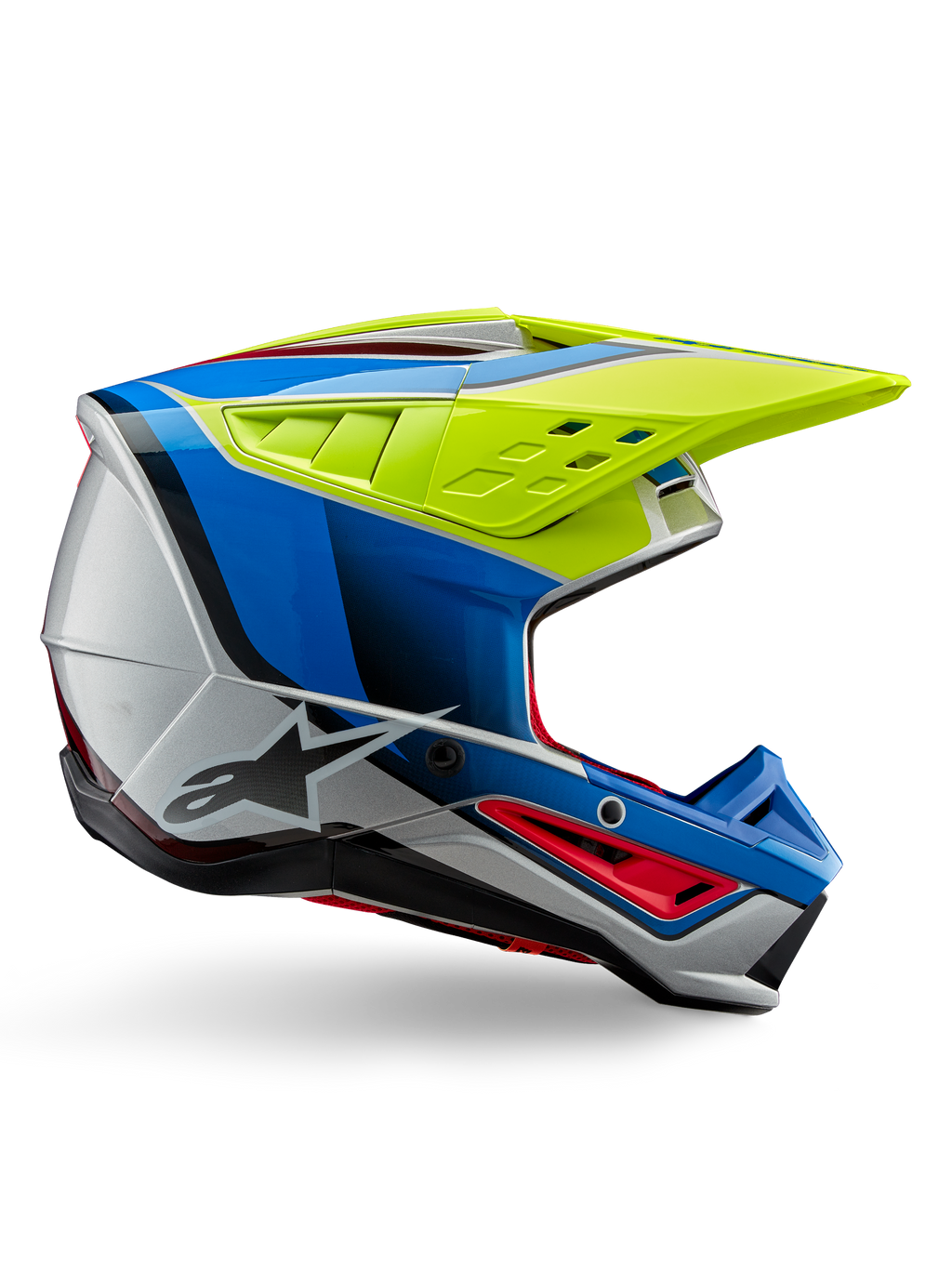 Alpinestars S-M5 Sail Helmet ECE, casco da motocross, giallo fluo, blu smalto e argento lucido, profilo laterale con accenti rossi e logo a stella nero, design angolare con prese d'aria, protezione professionale per gare fuoristrada