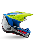 Alpinestars S-M5 Sail Helmet ECE, casco da motocross, giallo fluo, blu smalto e argento lucido, profilo laterale con accenti rossi e logo a stella nero, design angolare con prese d'aria, protezione professionale per gare fuoristrada
