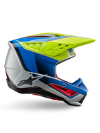 Alpinestars S-M5 Sail Helmet ECE, casco da motocross, giallo fluo, blu smalto e argento lucido, profilo laterale con accenti rossi e logo a stella nero, design angolare con prese d'aria, protezione professionale per gare fuoristrada