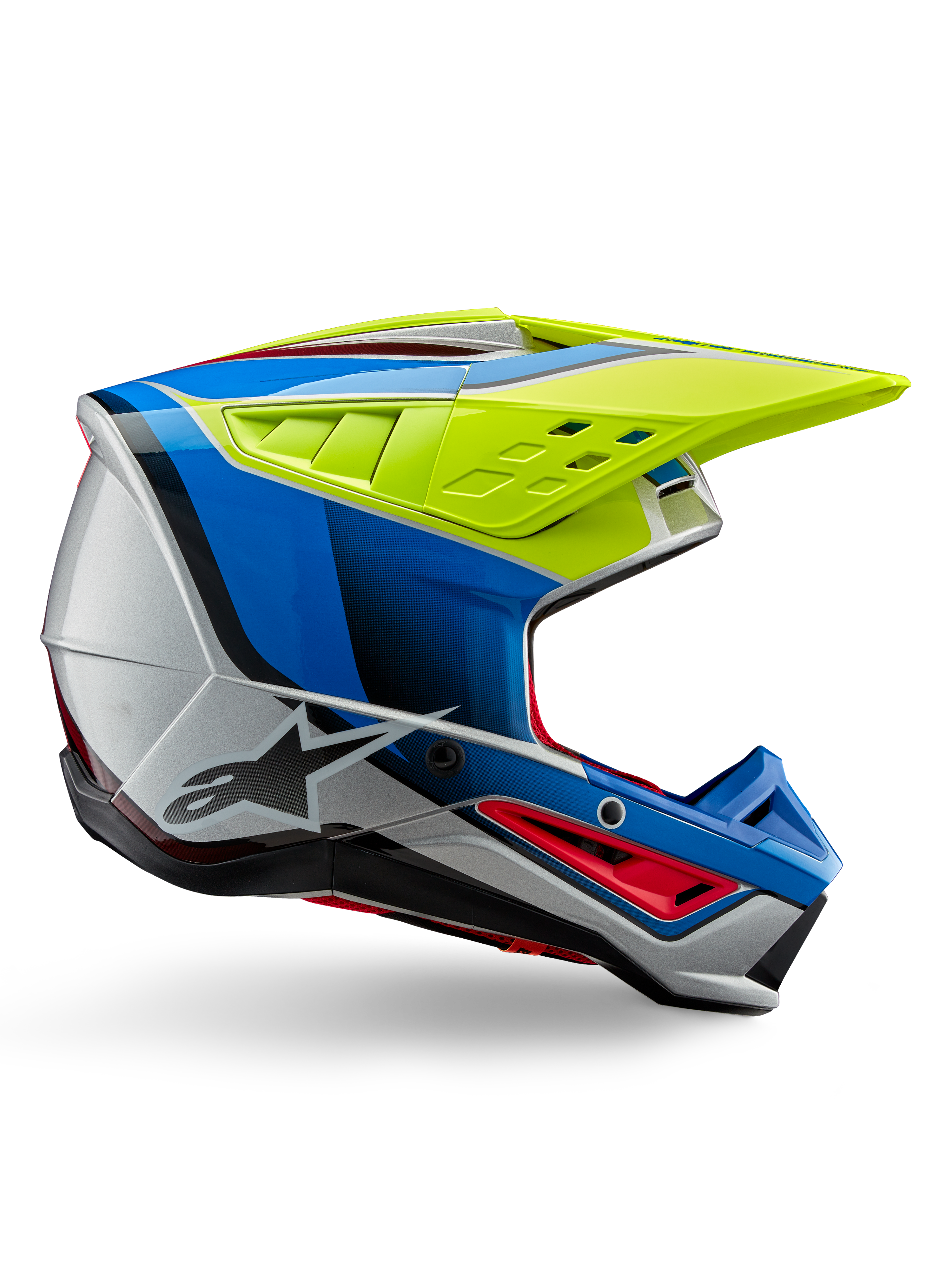 Alpinestars S-M5 Sail Helmet ECE, casco da motocross, giallo fluo, blu smalto e argento lucido, profilo laterale con accenti rossi e logo a stella nero, design angolare con prese d'aria, protezione professionale per gare fuoristrada